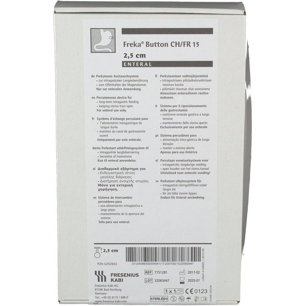 Verpackung von Freka Button, 2,5 cm. Aufschrift: ENTERAL. Produktinformationen und Herstellerangaben.