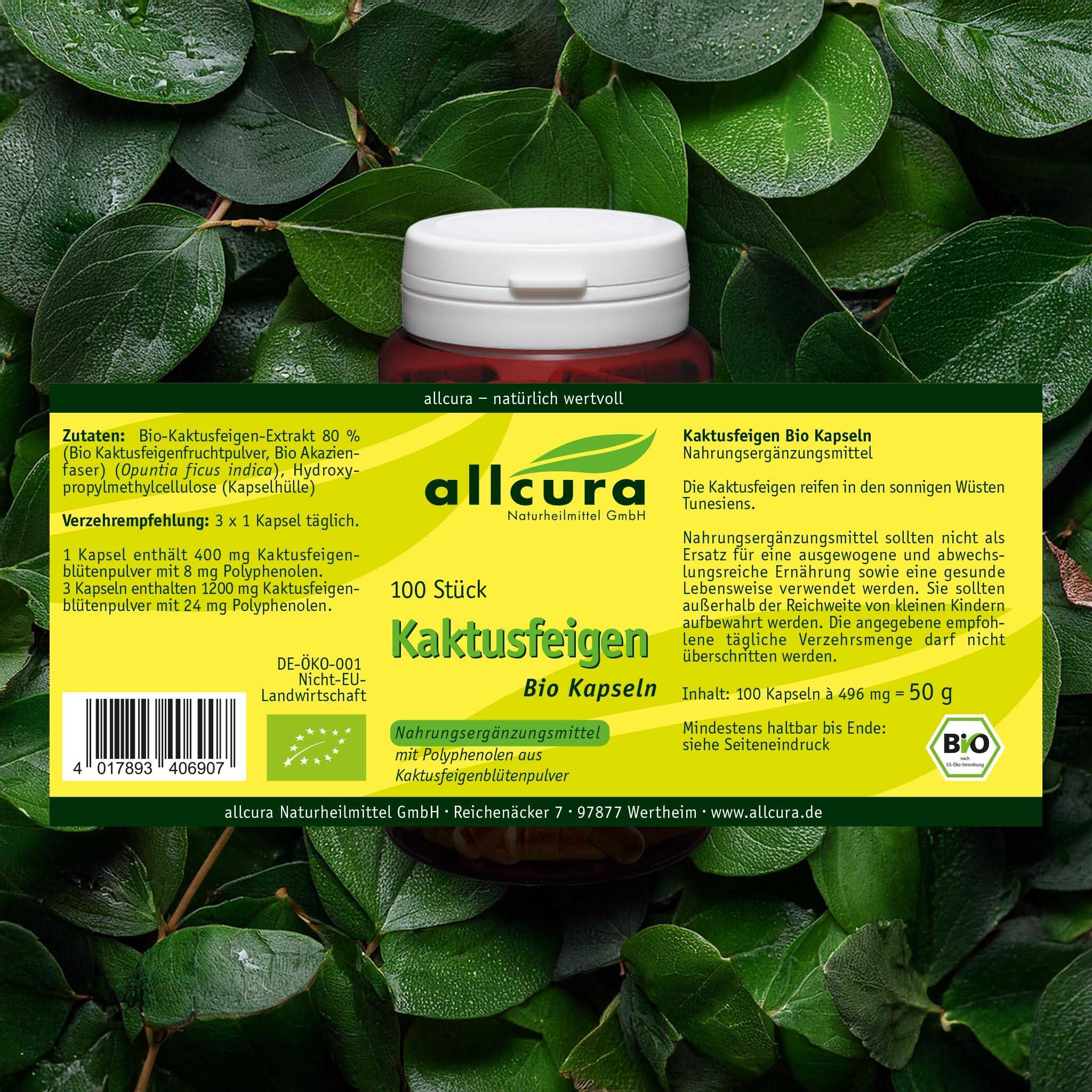Kapsel-Dose mit Blättern im Hintergrund. Aufschrift: allcura Kaktusfeigen Kapseln, 100 Stück, Bio.