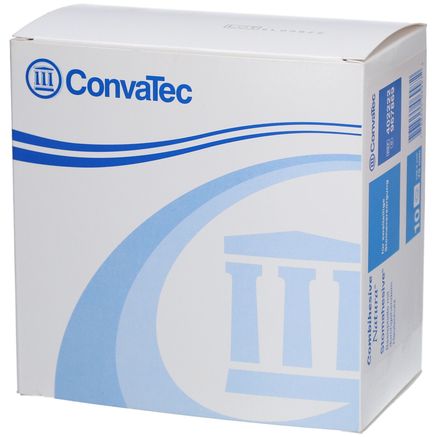 Weißer Karton mit blauem Logo und Schriftzug Convatec. Produktname und weitere Informationen auf der Verpackung.