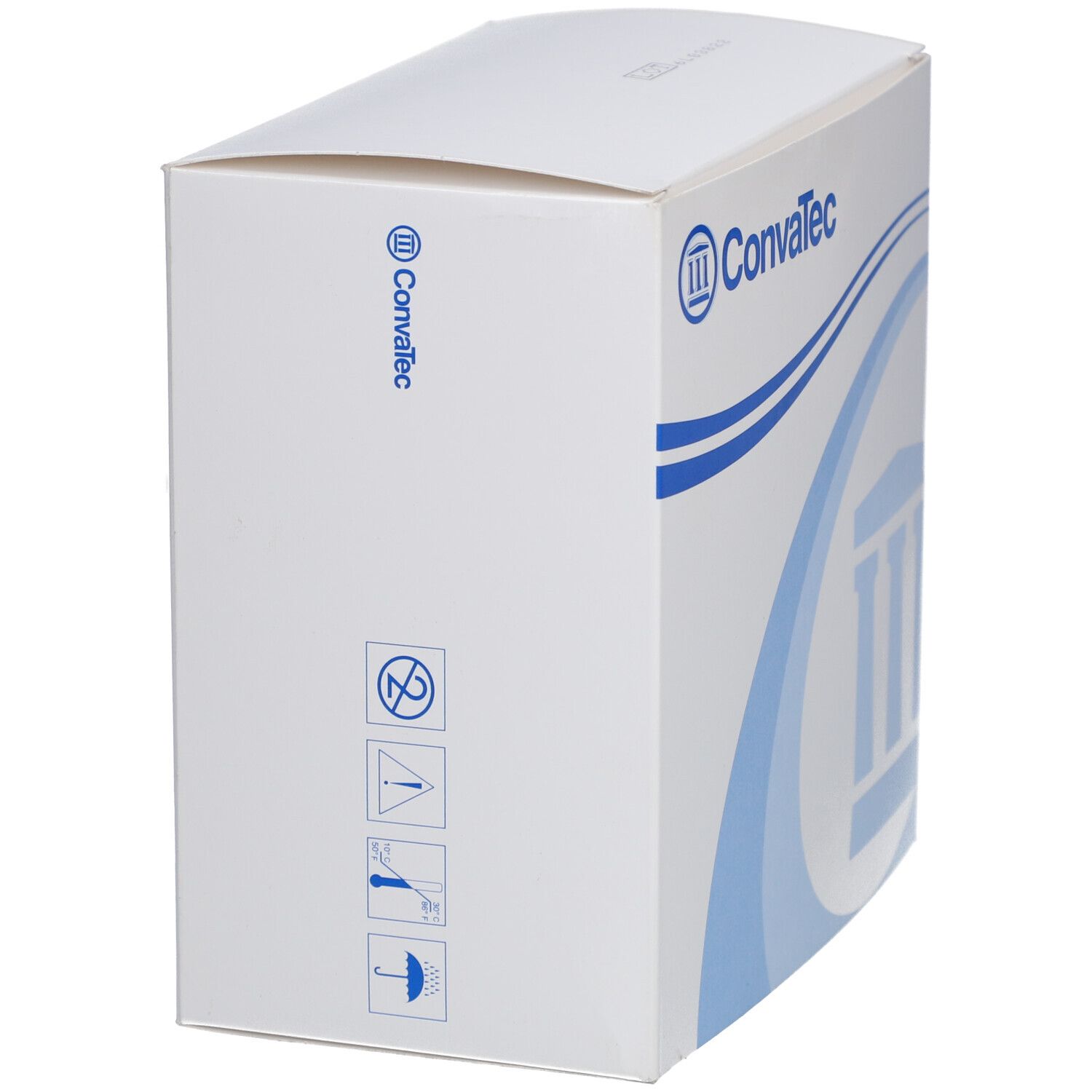 Weiße Verpackung mit blauem Logo Convatec und Piktogrammen. Seitenansicht der Verpackung.