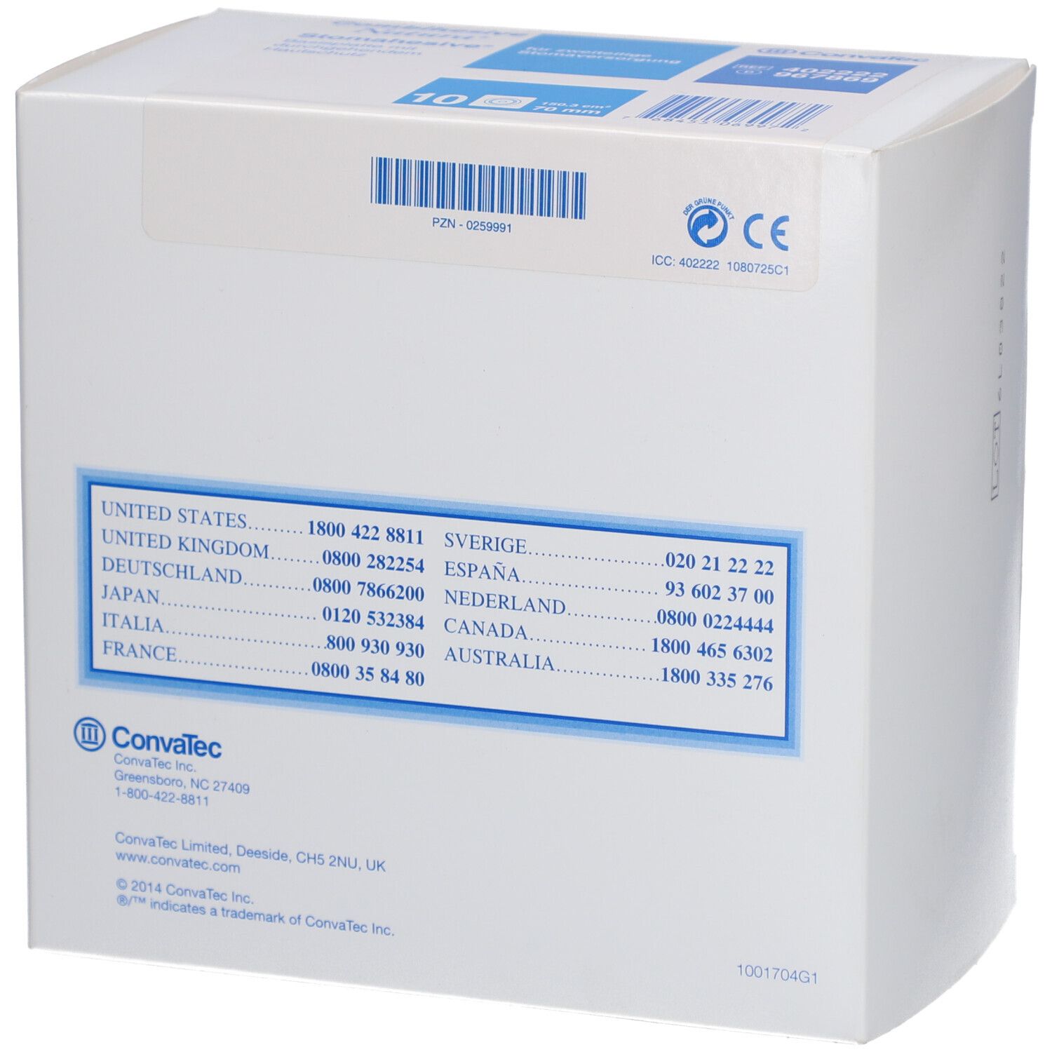 Rückseite der weißen Verpackung mit Kontaktinformationen und CE-Kennzeichnung. Barcode und Produktinformationen.