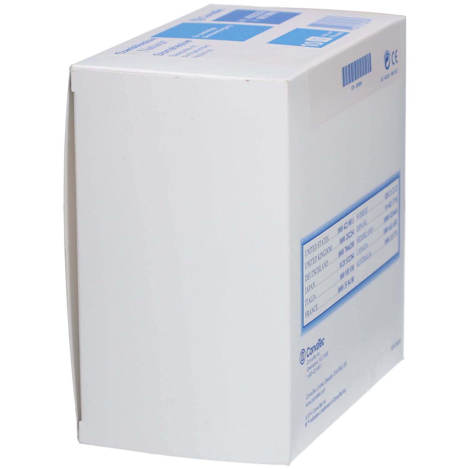 Weiße Verpackung mit Produktinformationen und Kontaktinformationen. Seitenansicht.