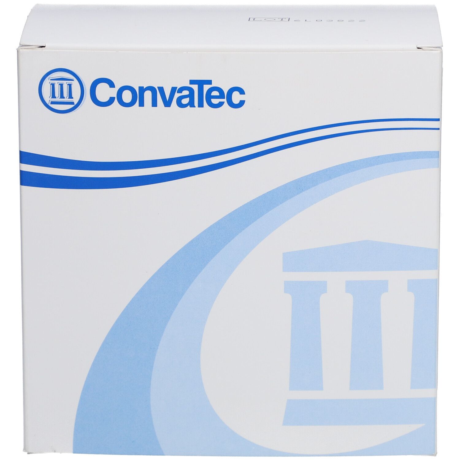 Weiße Verpackung mit blauem Logo Convatec. Vorderansicht der Verpackung.
