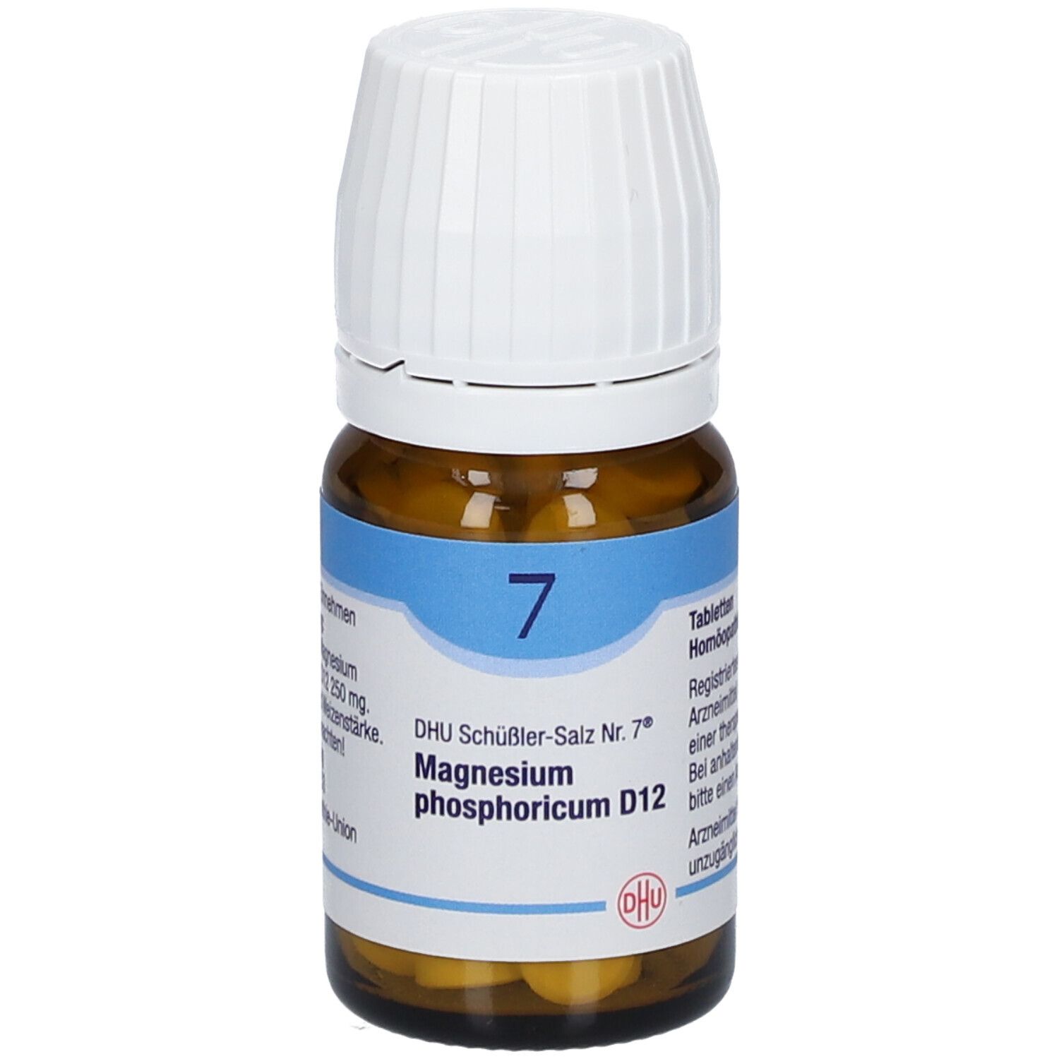Braune Glasflasche mit weißen Deckel. Etikett mit blauer Schrift: DHU Schüßler-Salz Nr. 7®, Magnesium phosphoricum D12.