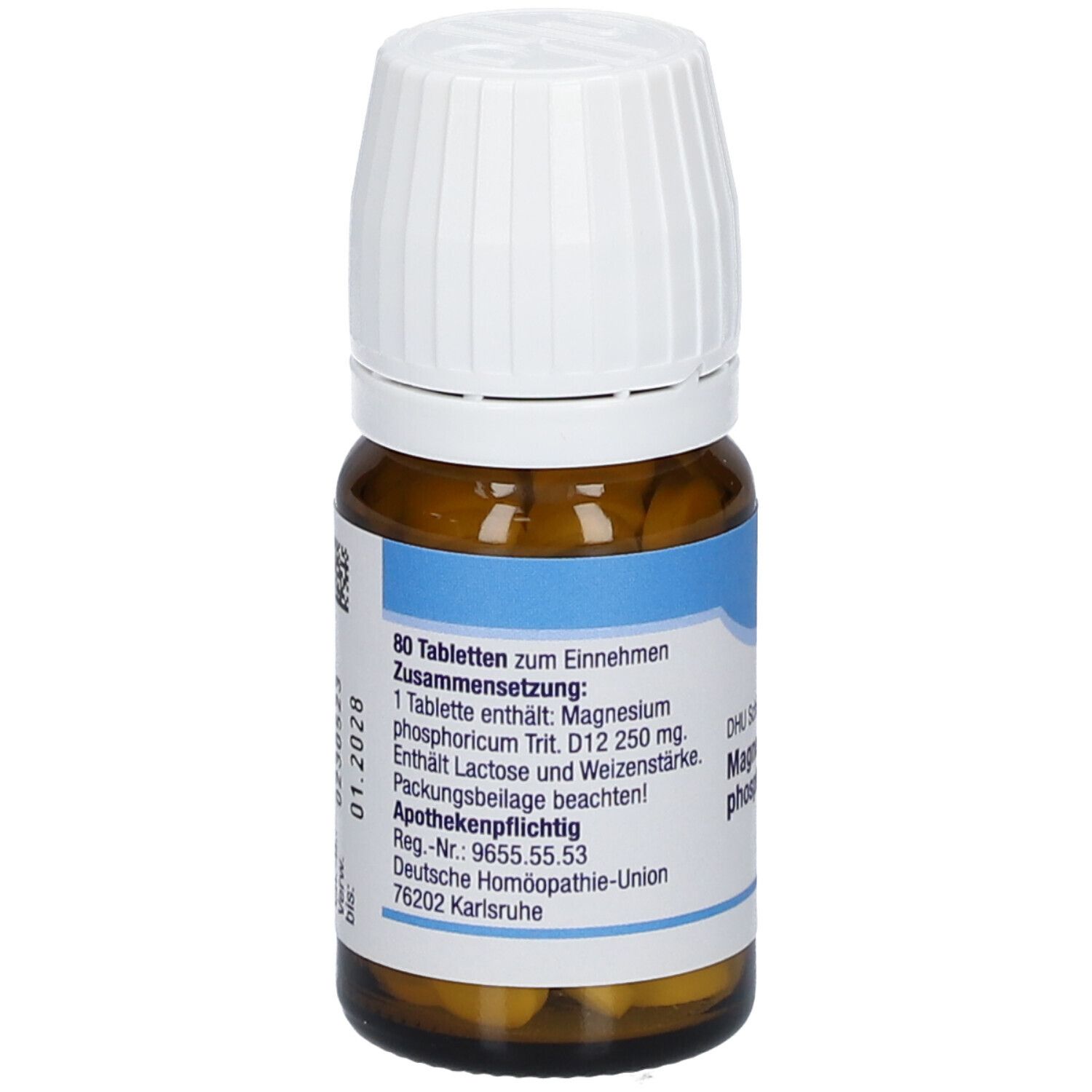 Braune Glasflasche mit weißem Deckel. Etikett mit Text: 80 Tabletten, Magnesium phosphoricum Trit. D12 250 mg.