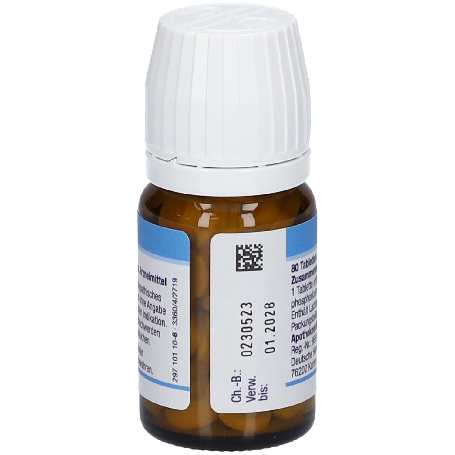 Braune Glasflasche mit weißem Deckel. Etikett mit Text und QR-Code. Verfallsdatum: 01.2028.