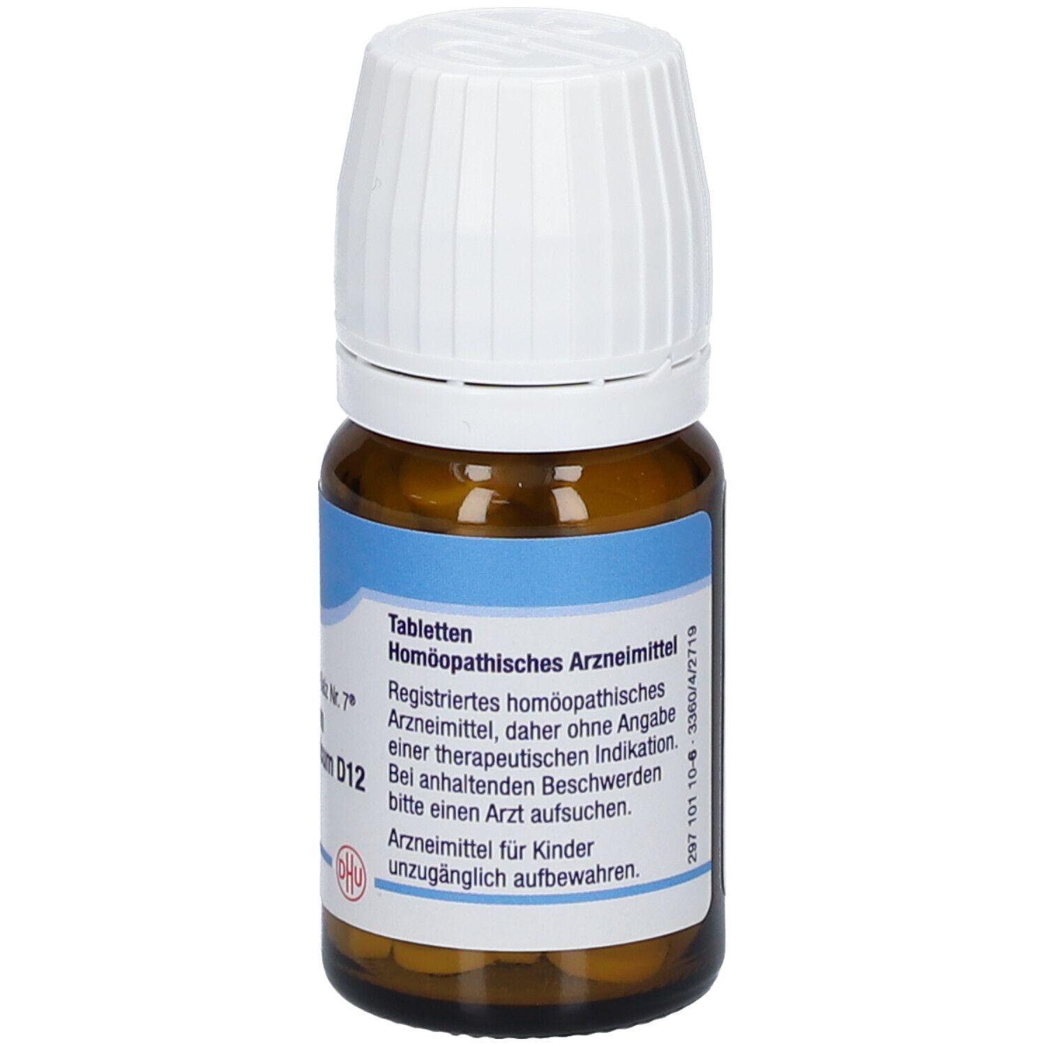 Braune Glasflasche mit weißem Deckel. Etikett mit Text: Homöopathisches Arzneimittel, DHU Schüßler-Salz Nr. 7® D12.