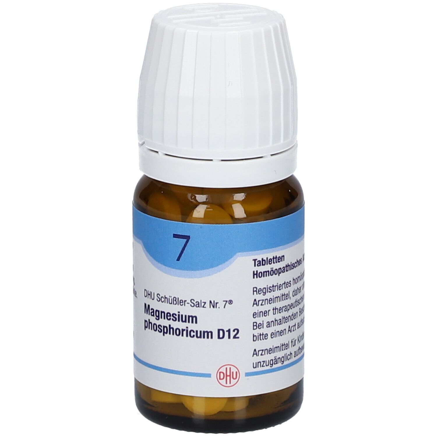 Braune Glasflasche mit weißem Deckel. Etikett mit blauer Schrift: DHU Schüßler-Salz Nr. 7®, Magnesium phosphoricum D12.