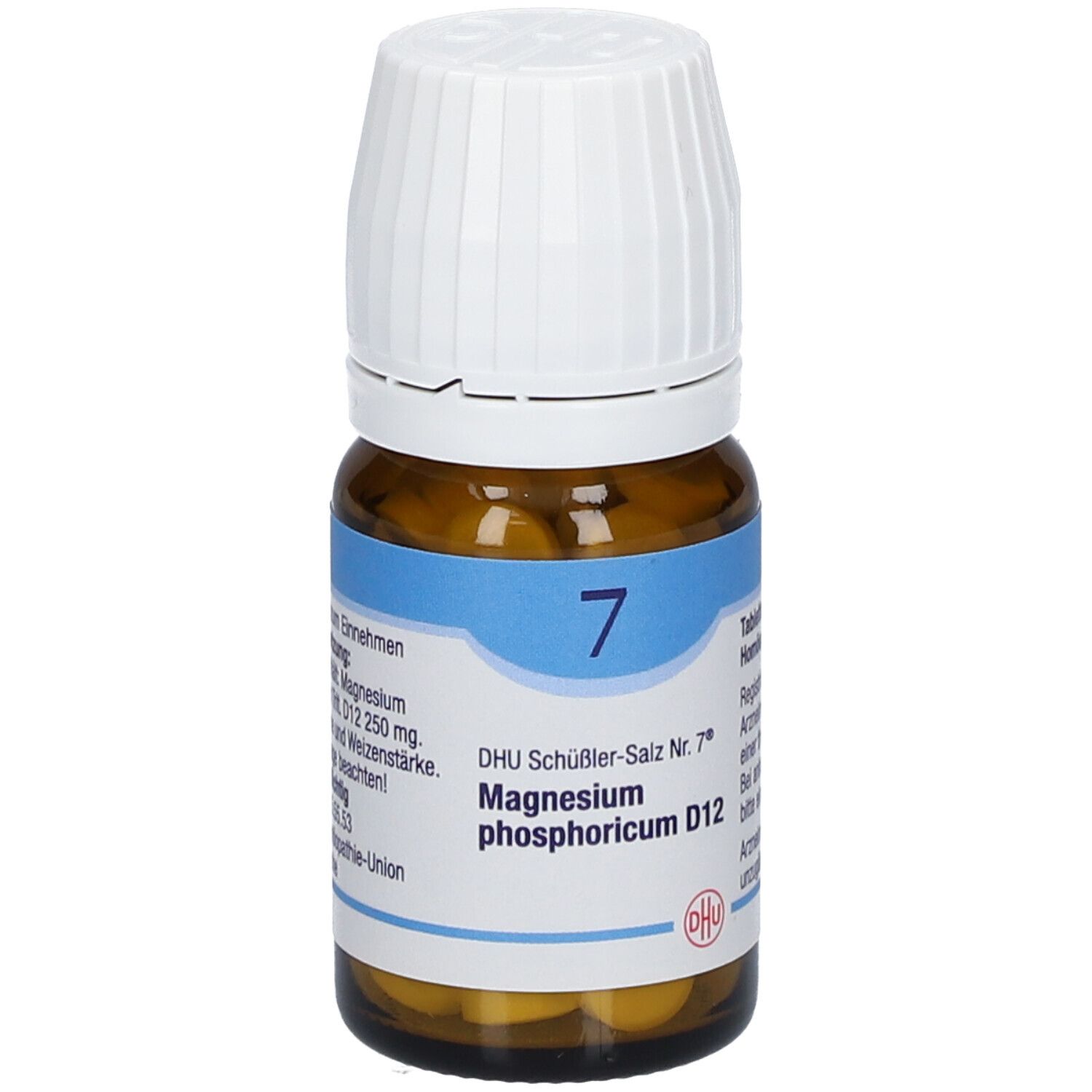 Braune Glasflasche mit weißem Deckel. Etikett mit Text: DHU Schüßler-Salz Nr. 7®, Magnesium phosphoricum D12 250 mg.