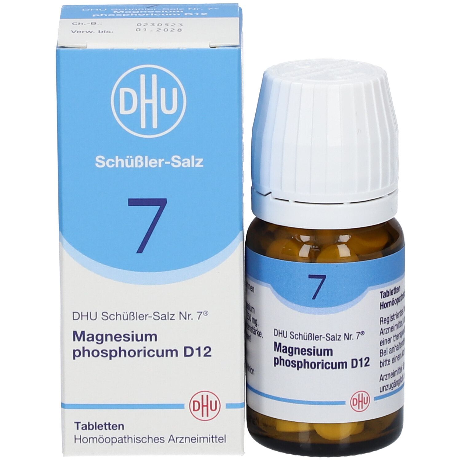 Produktverpackung mit Flasche. Schachtel und Flasche mit blauer Schrift: DHU Schüßler-Salz Nr. 7®, Magnesium phosphoricum D12.