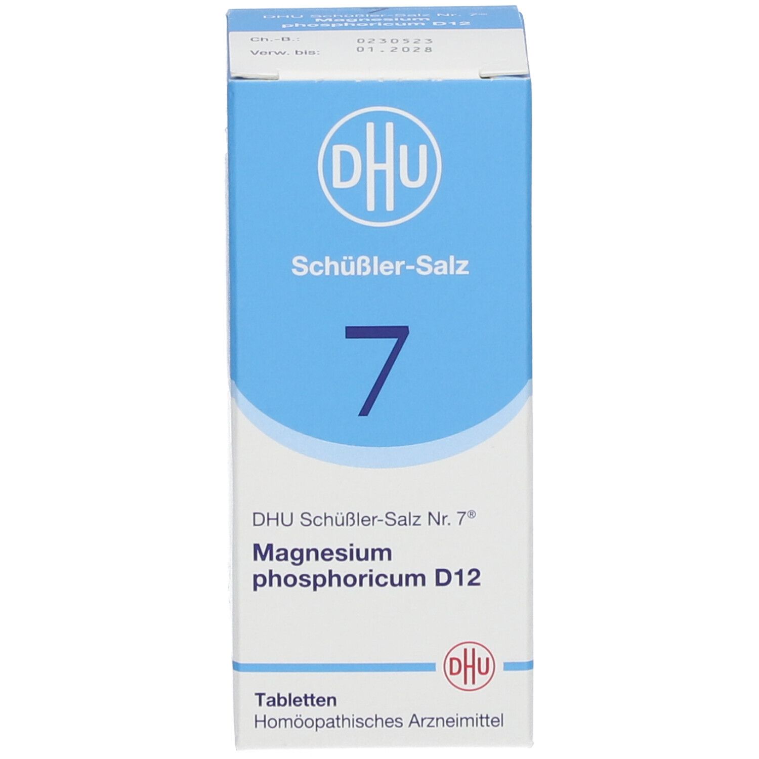 Produktverpackung. Blaue Schachtel mit Text: DHU Schüßler-Salz Nr. 7®, Magnesium phosphoricum D12.