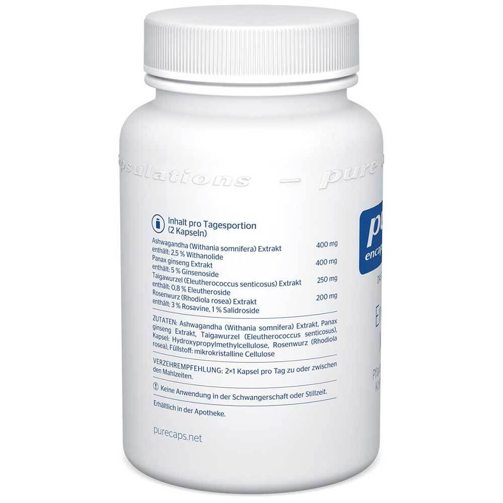 Rückseite der weißen Flasche. Aufschrift: Inhalt pro Tagesportion (2 Kapseln). Auflistung der Inhaltsstoffe und Dosierung.