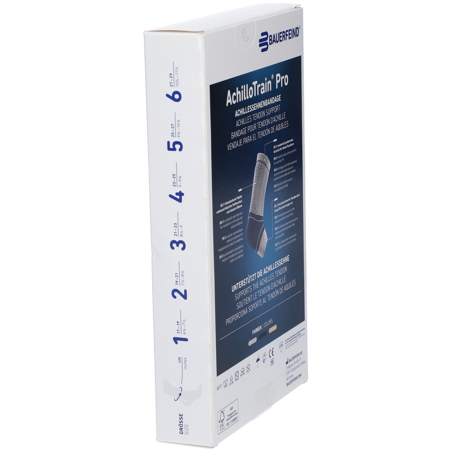 Verpackung der AchilloTrain® Pro Bandage. Marke Bauerfeind. Größenangaben. Produktabbildung. CE-Kennzeichnung.