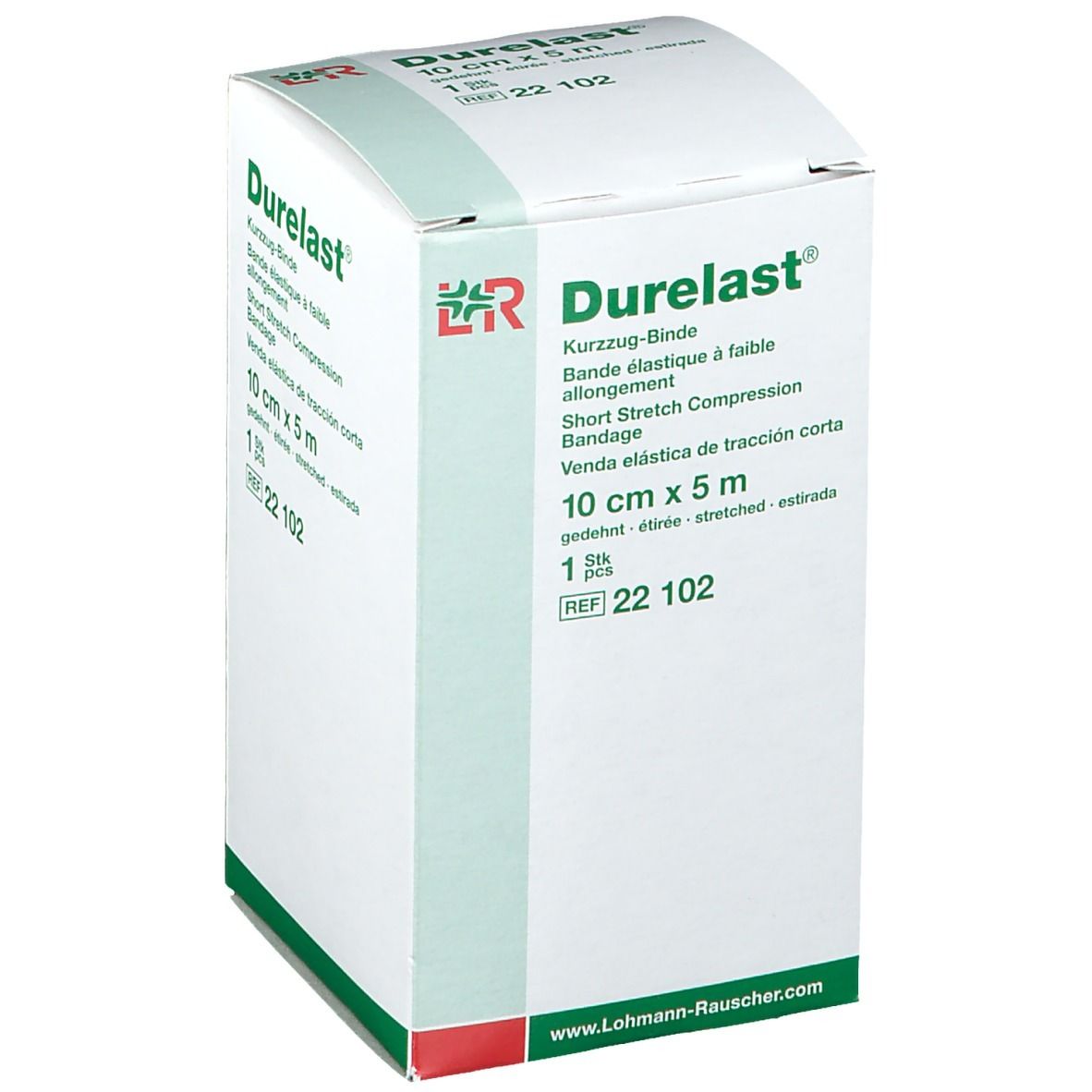 Verpackung von Durelast® 10 cm x 5 m. Weißer Karton mit Produktnamen und Angaben zur Größe. Logo von Lohmann & Rauscher.