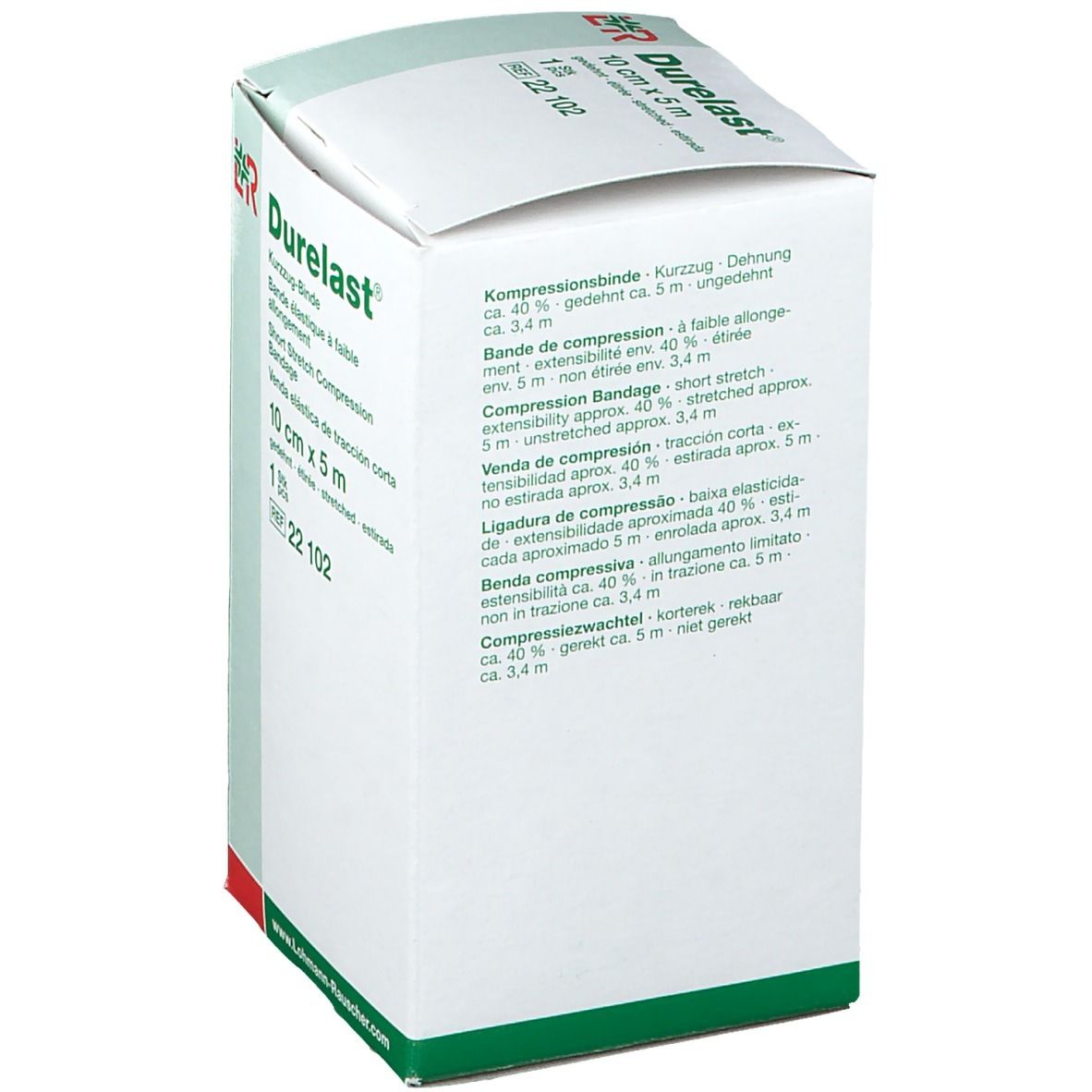 Rückseite der Durelast®-Verpackung. Text in mehreren Sprachen, Angaben zur Dehnbarkeit und Größe. Logo von Lohmann & Rauscher.