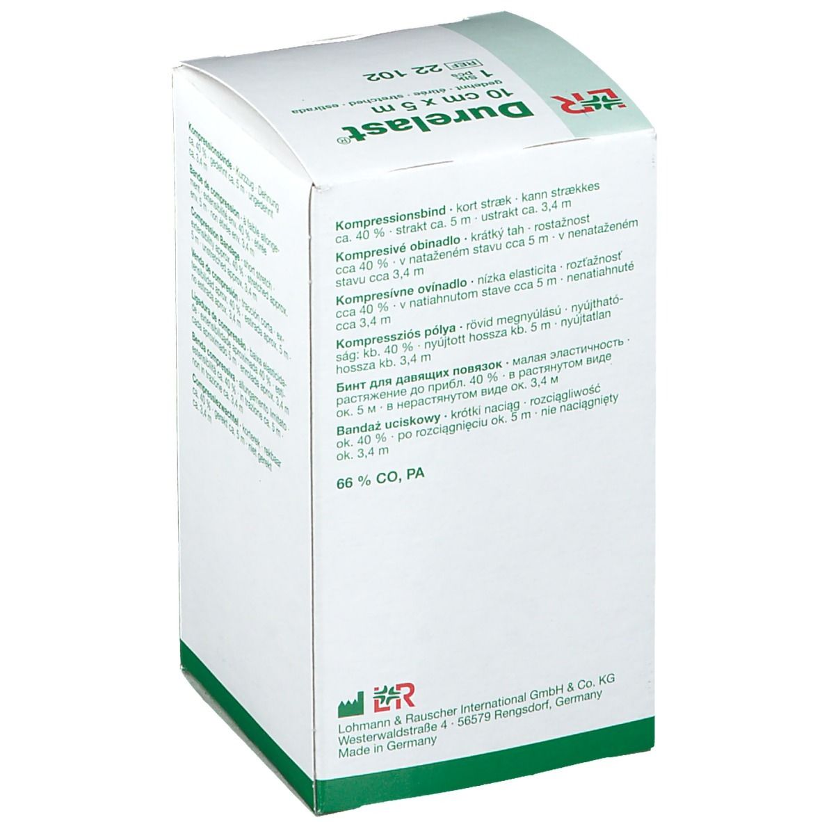 Rückseite der Durelast®-Verpackung. Text in mehreren Sprachen, Angaben zur Dehnbarkeit und Größe. Logo von Lohmann & Rauscher.