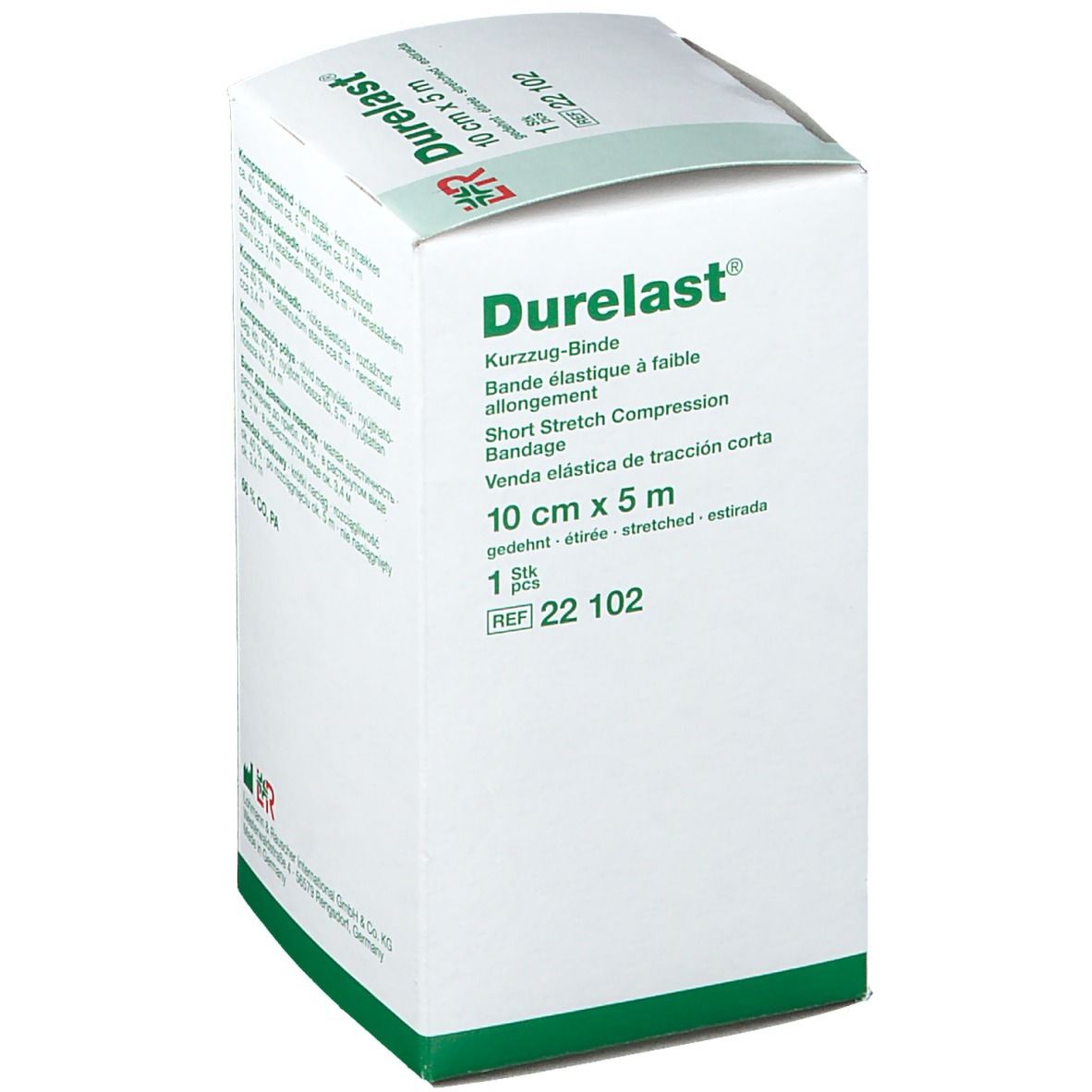 Durelast®-Verpackung. Weißer Karton mit Produktnamen, Größenangaben und Logo von Lohmann & Rauscher. 10 cm x 5 m.