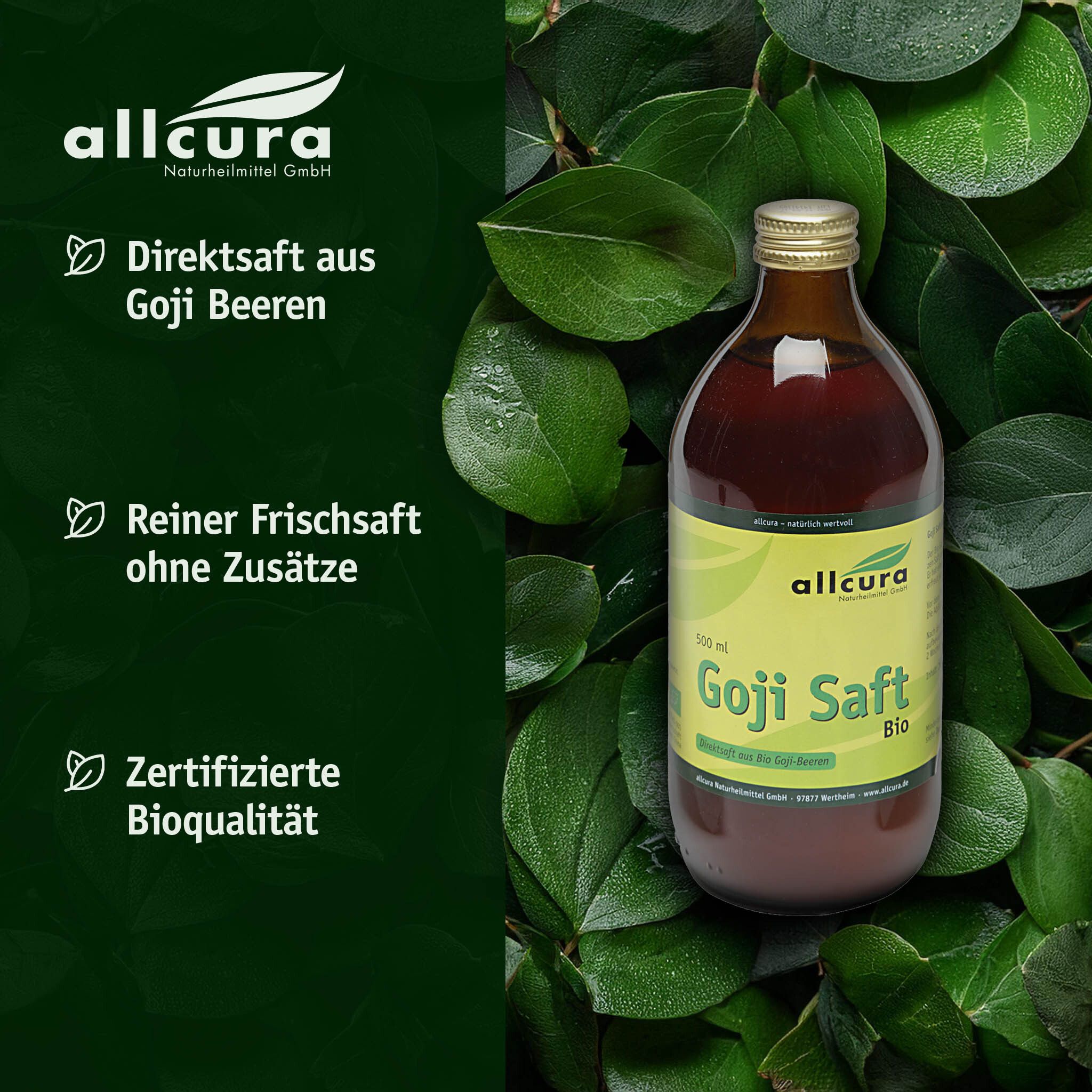 Goji Saft Bio Flasche vor grünem Hintergrund. Text: Direktsaft, Reiner Frischsaft, Bioqualität.