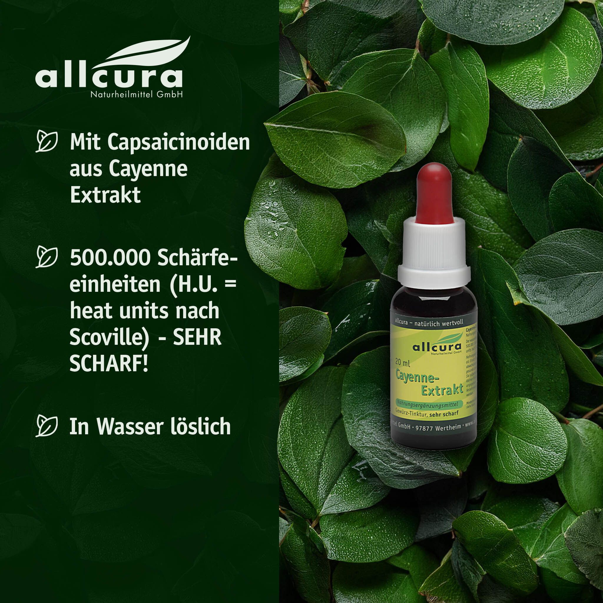 Glasflasche mit roter Pipette vor grünem Hintergrund. Text: Mit Capsaicinoïden aus Cayenne Extrakt.