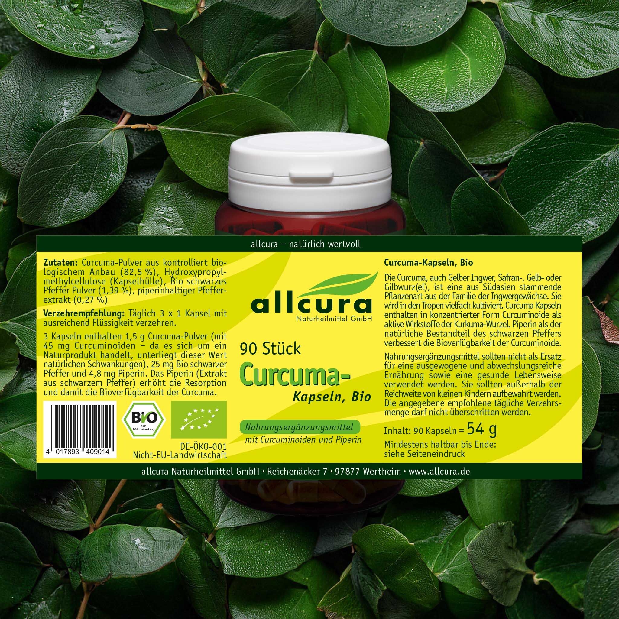 Braune Flasche mit weißen Deckel. Aufschrift: allcura, 90 Stück Curcuma-Kapseln, Bio. Auf Blättern.