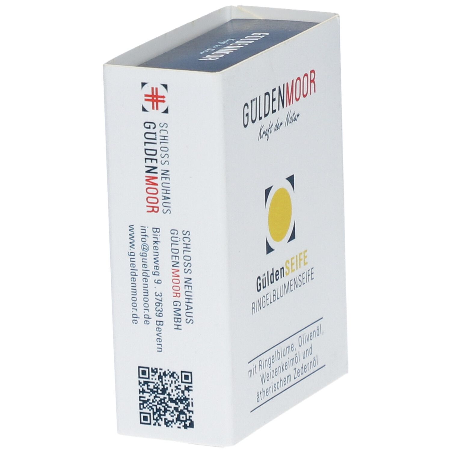 Weiße Kartonverpackung. Aufdruck: GÜLDENMOOR, GüldenSEIFE Ringelblumenseife. Logo: gelber Kreis. Text und QR-Code.