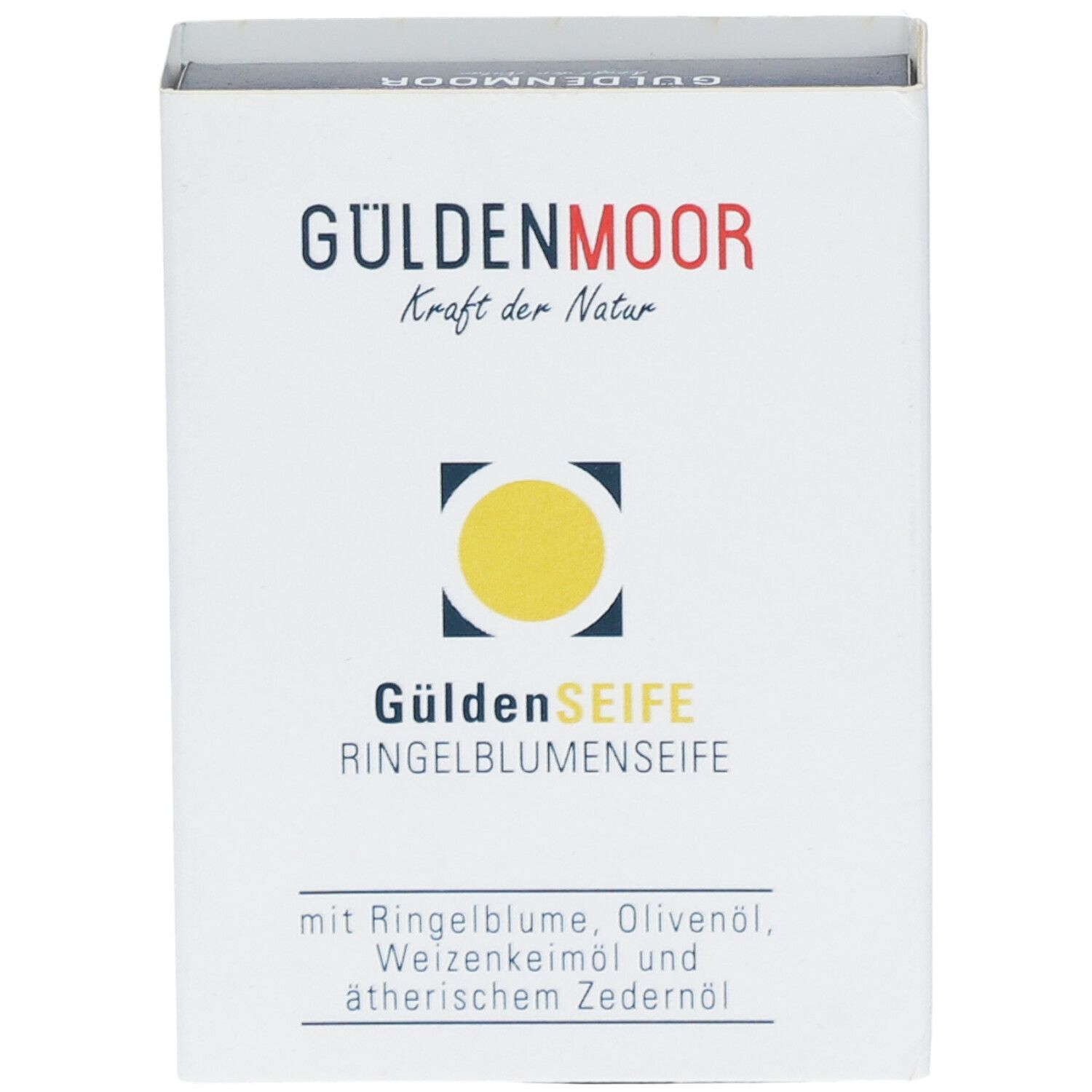 Weiße Kartonverpackung. Aufdruck: GÜLDENMOOR, GüldenSEIFE Ringelblumenseife. Logo: gelber Kreis. Text: Inhaltsstoffe.