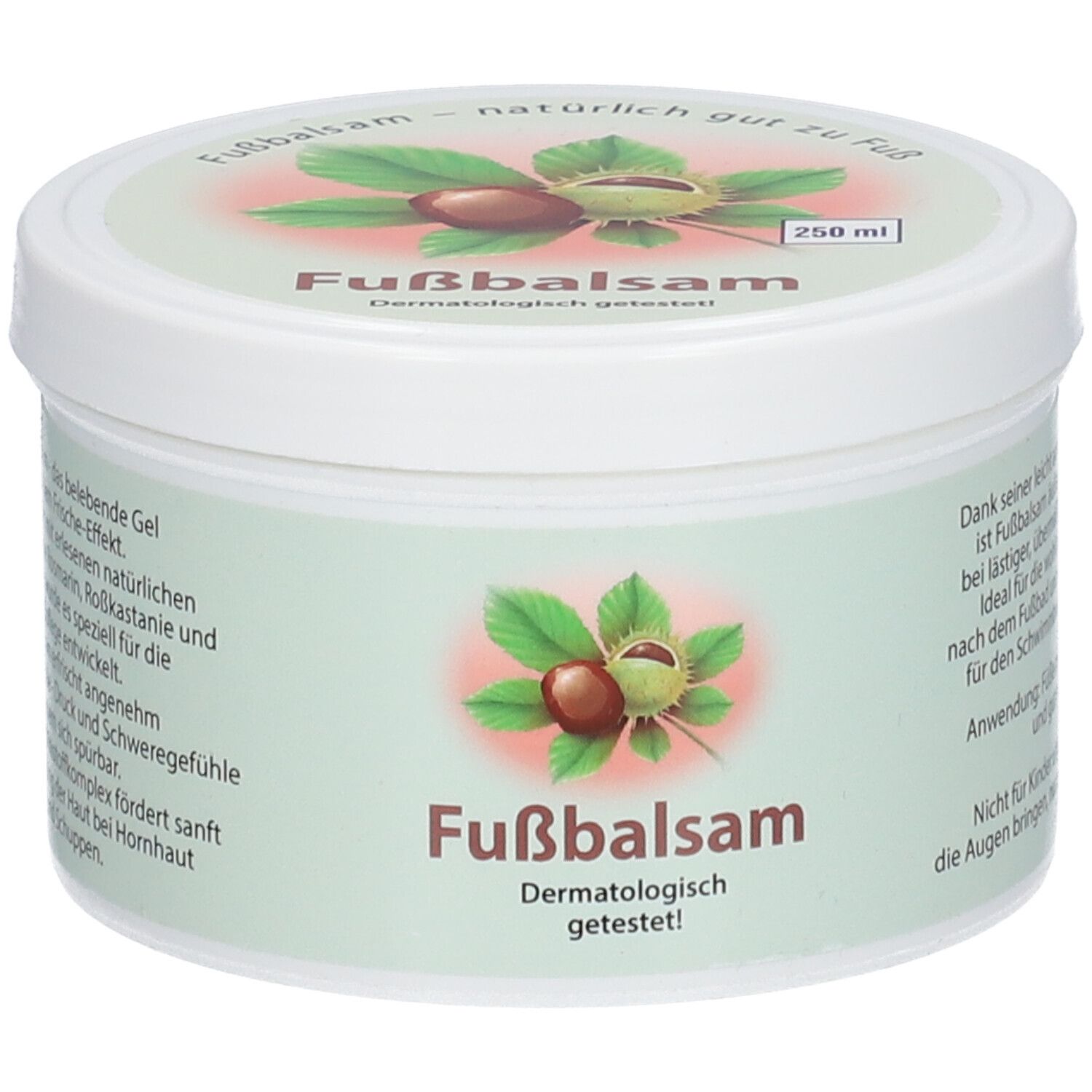 Runder, weißer Tiegel mit grünem Etikett. Aufschrift: Fußbalsam, Dermatologisch getestet. Illustration von Kastanien und Blättern.
