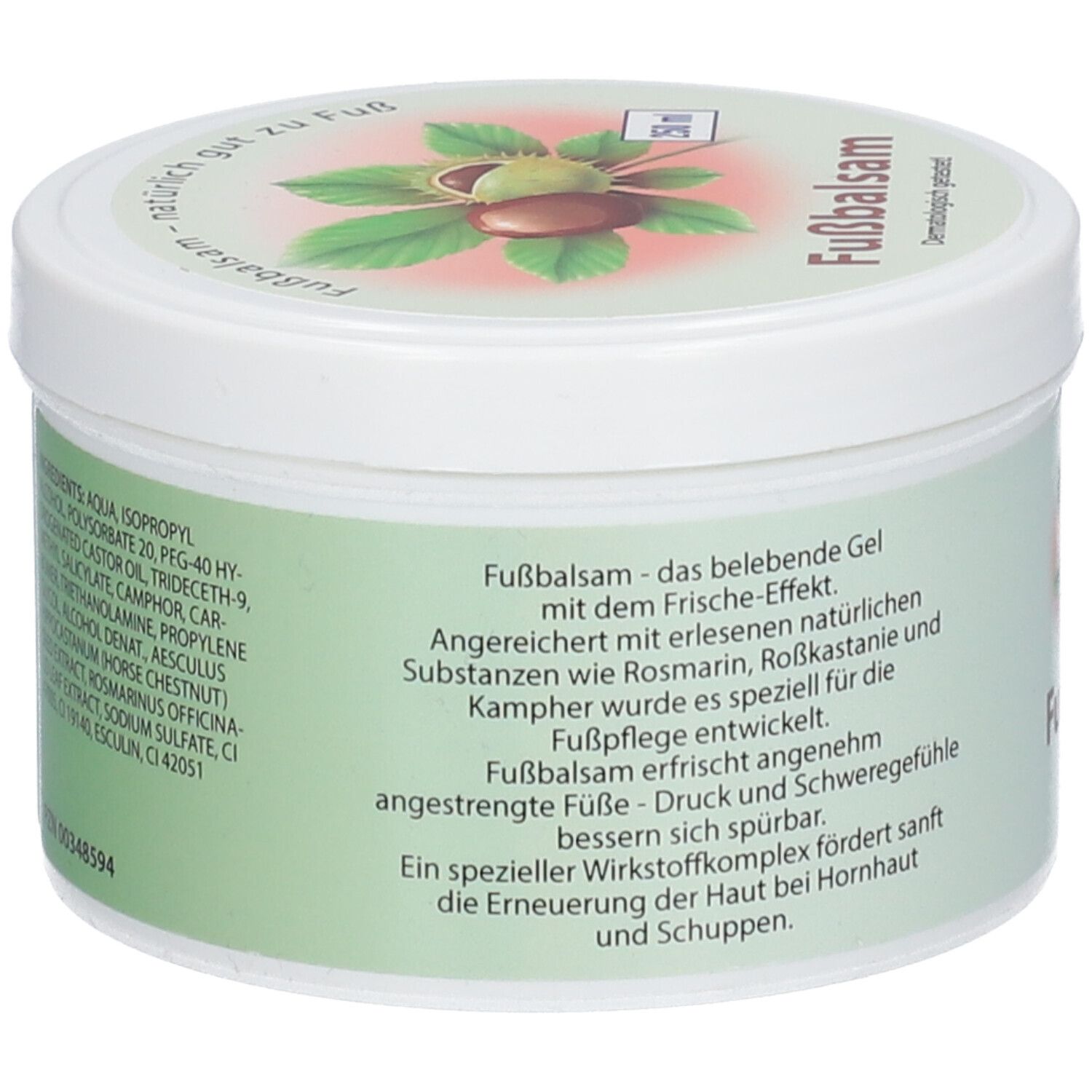 Weißer Tiegel mit grünem Etikett. Text: Fußbalsam - das belebende Gel. Inhaltsstoffe und Anwendungsbeschreibung. Illustration von Kastanien.