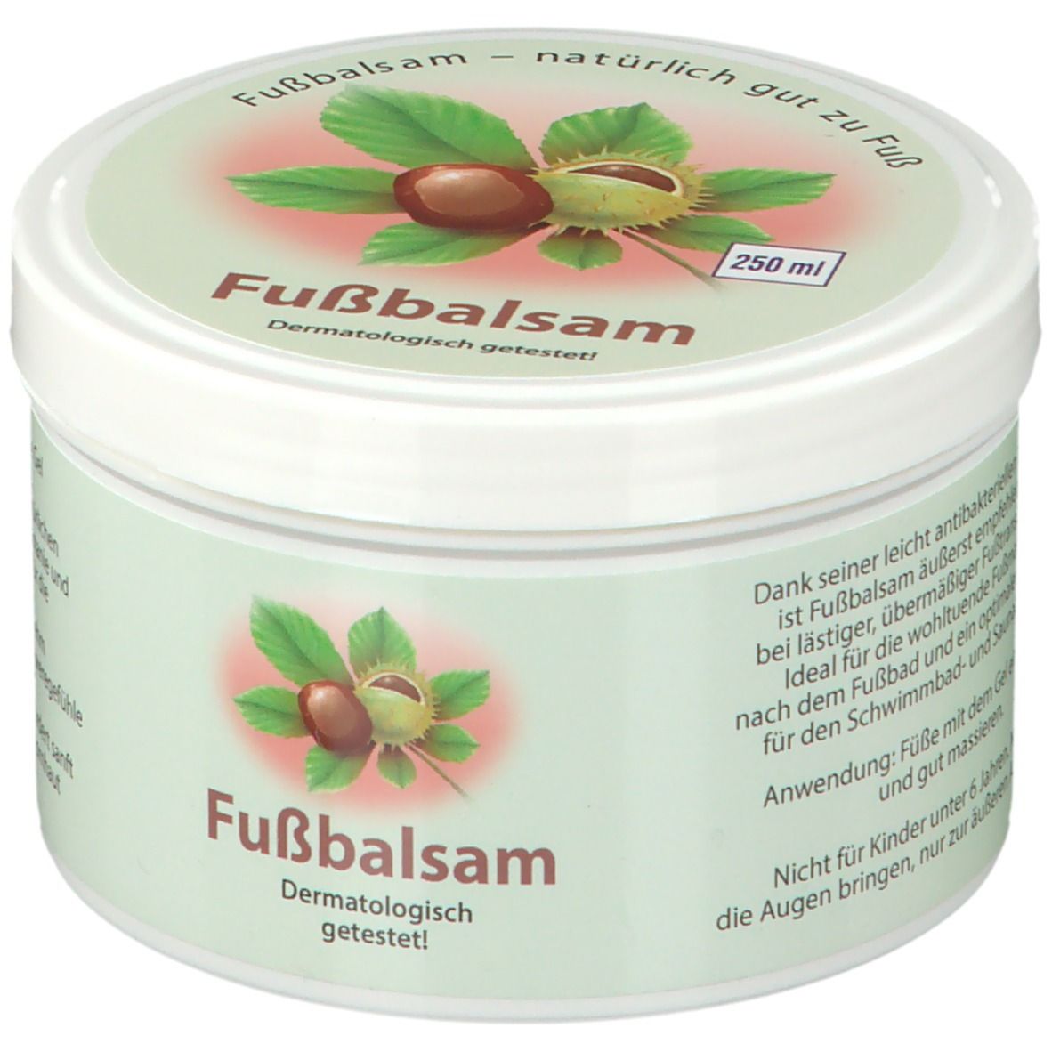 Weißer Tiegel mit grünem Etikett. Aufschrift: Fußbalsam, Dermatologisch getestet. Illustration von Kastanien und Blättern. 250 ml.