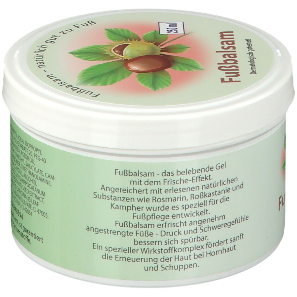 Weißer Tiegel mit grünem Etikett. Aufschrift: Fußbalsam. Text: Anwendung und Hinweise. Illustration von Kastanien und Blättern. 250 ml.