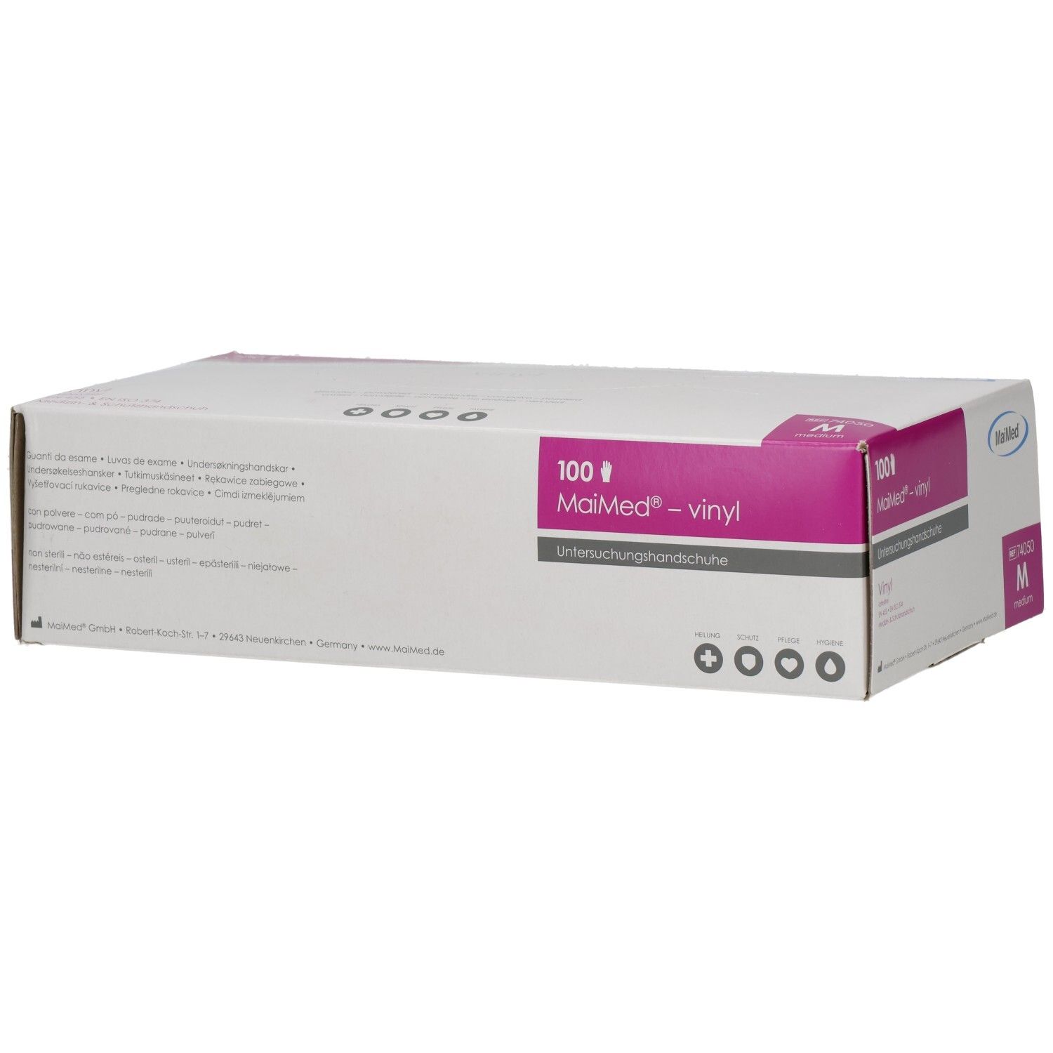 Verpackung von MaiMed®-Vinyl-Untersuchungshandschuhen, Größe M, 100 Stück. Weißer Karton mit pinkfarbenen Akzenten und Produktinformationen.
