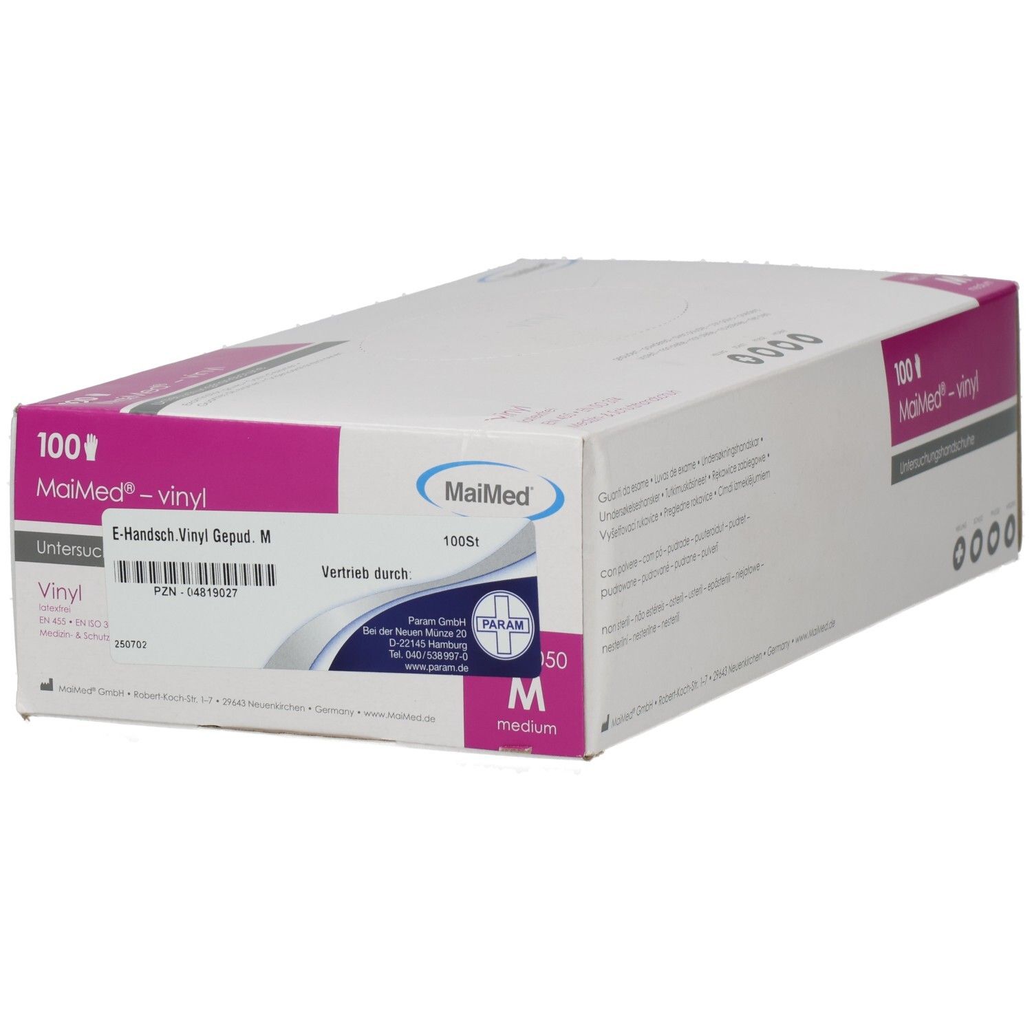 Verpackung von MaiMed®-Vinyl-Untersuchungshandschuhen, Größe M, 100 Stück. Weiße Schachtel mit pinkfarbenen Details und Produktlogo.