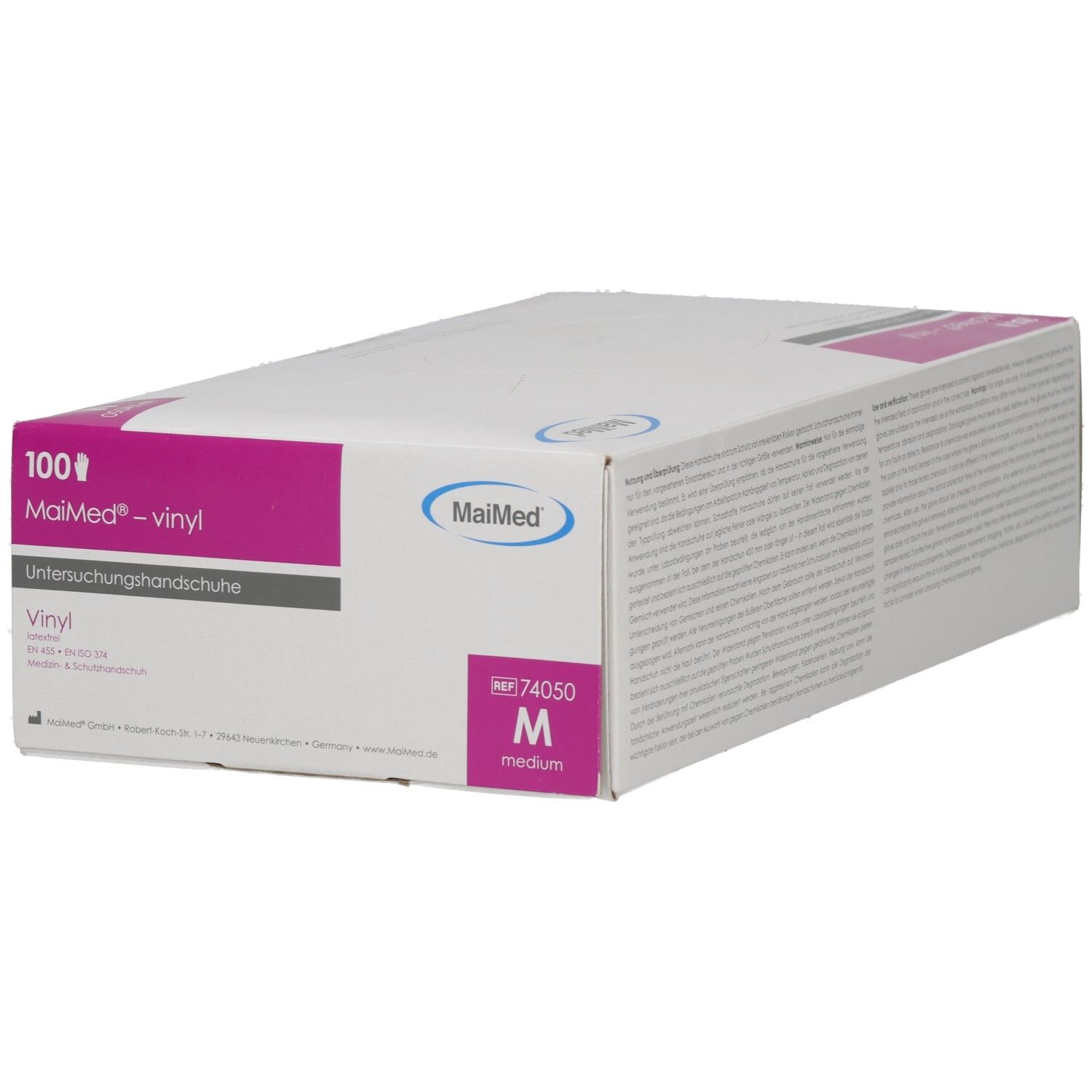 Verpackung von MaiMed®-Vinyl-Untersuchungshandschuhen, Größe M, 100 Stück. Weiße Schachtel mit pinkfarbenen Akzenten und Logo.