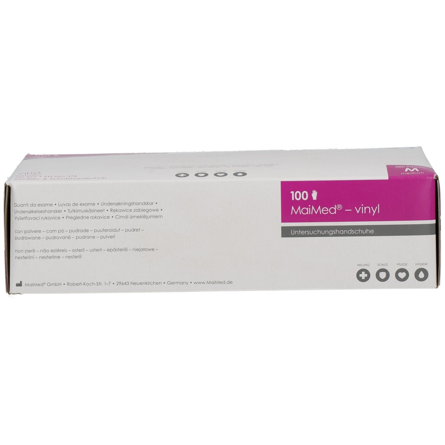 Verpackung von MaiMed®-Vinyl-Untersuchungshandschuhen, Größe M, 100 Stück. Weiße Schachtel mit pinkfarbenen Details und Produktinformationen.