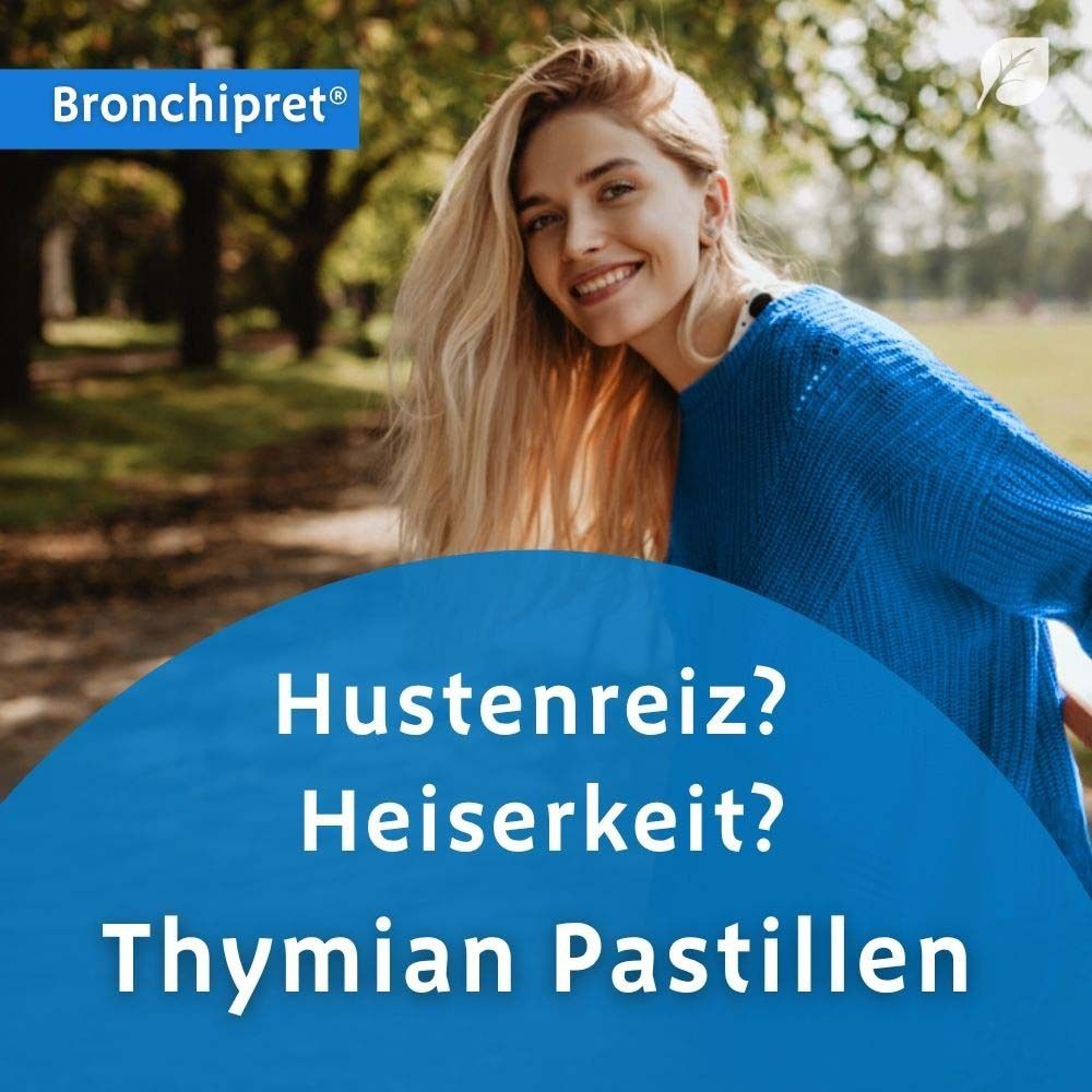Frau im Freien. Text: Hustenreiz? Heiserkeit? Thymian Pastillen. Logo Bronchipret®.