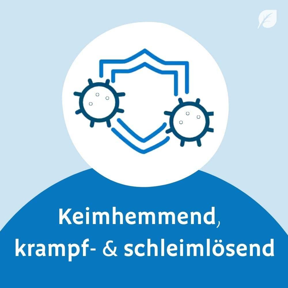 Symbol mit Schutzschild und Viren. Text: Keimhemmend, krampflösend & schleimlösend.