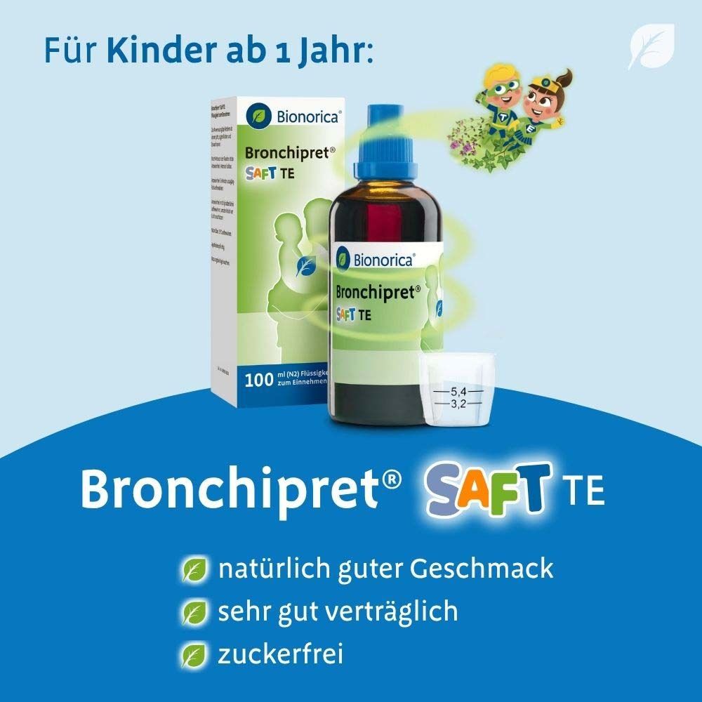 Packung Bronchipret® Saft TE. Text: Für Kinder ab 1 Jahr: natürlich guter Geschmack, sehr gut verträglich, zuckerfrei.