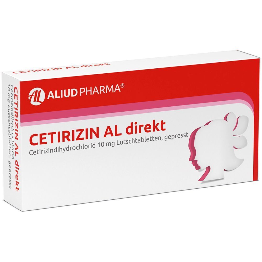 Schachtel mit Cetirizin AL direkt. Rote und weiße Verpackung mit Produktnamen und Logo.
