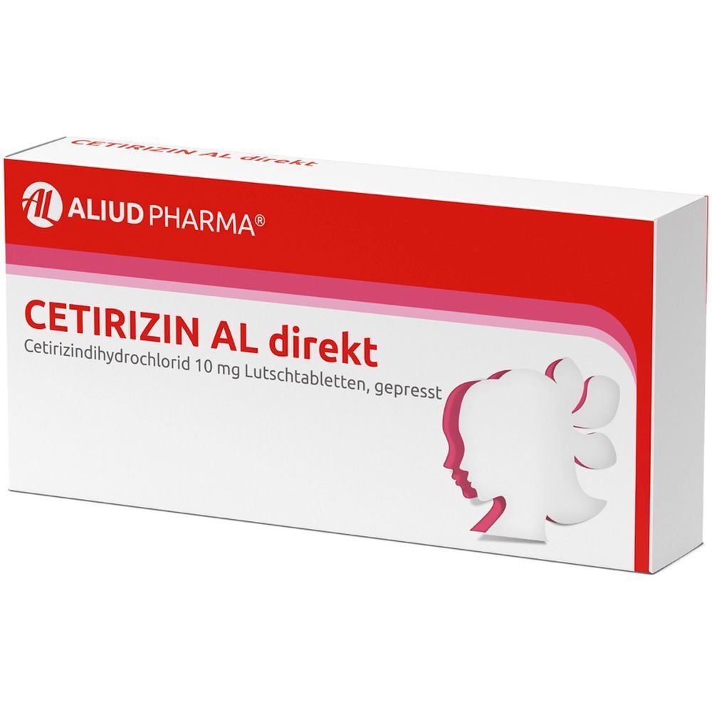 Schachtel mit Cetirizin AL direkt. Rote und weiße Verpackung mit Produktnamen und Logo.