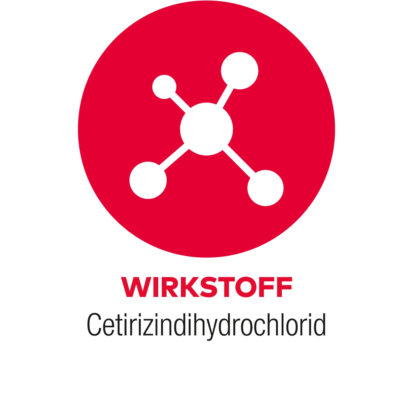 Roter Kreis mit weißem Symbol: Molekülstruktur. Text: Wirkstoff. Cetirizindihydrochlorid.