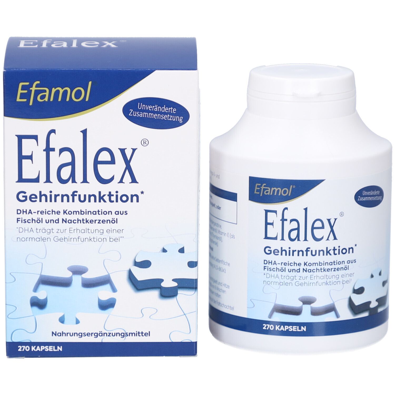 Efalex-Verpackung und Flasche. Weiße Schachtel und Flasche mit Produktnamen und Text. 270 Kapseln.
