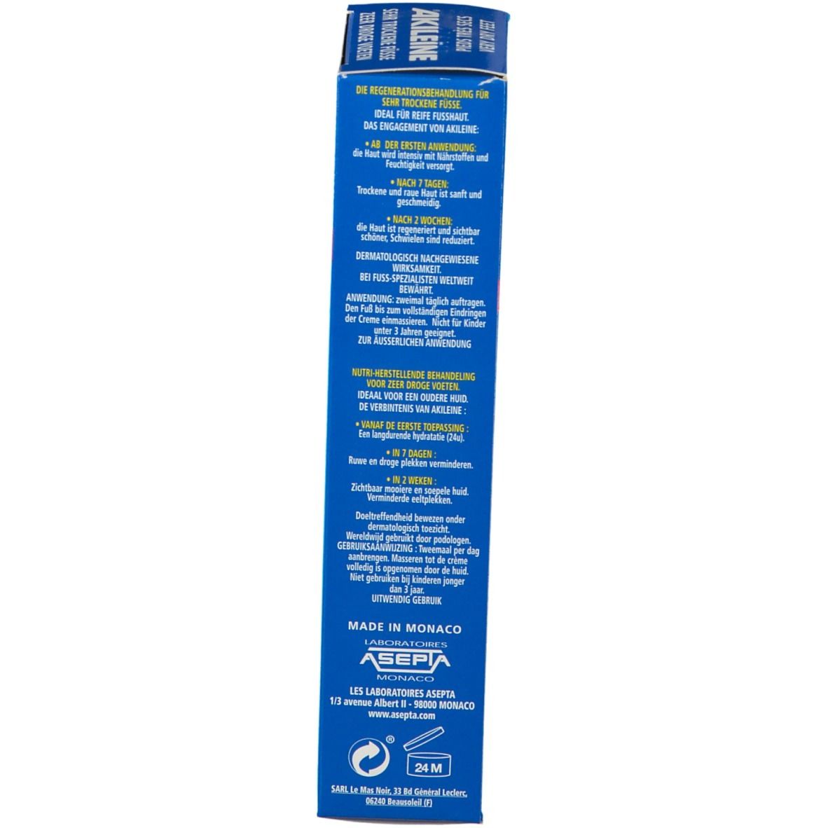 Blaue Schachtel mit weißer Schrift. Aufschrift AKILEINE, Creme für sehr trockene Füße. Fuß-Silhouette.