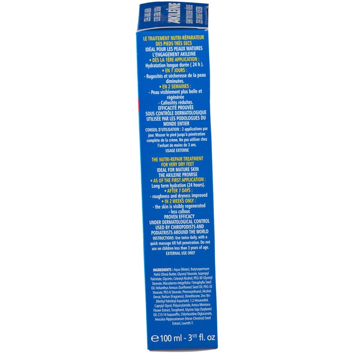 Rückseite der blauen Schachtel. Text in mehreren Sprachen. Gebrauchsanweisung und Inhaltsstoffe.