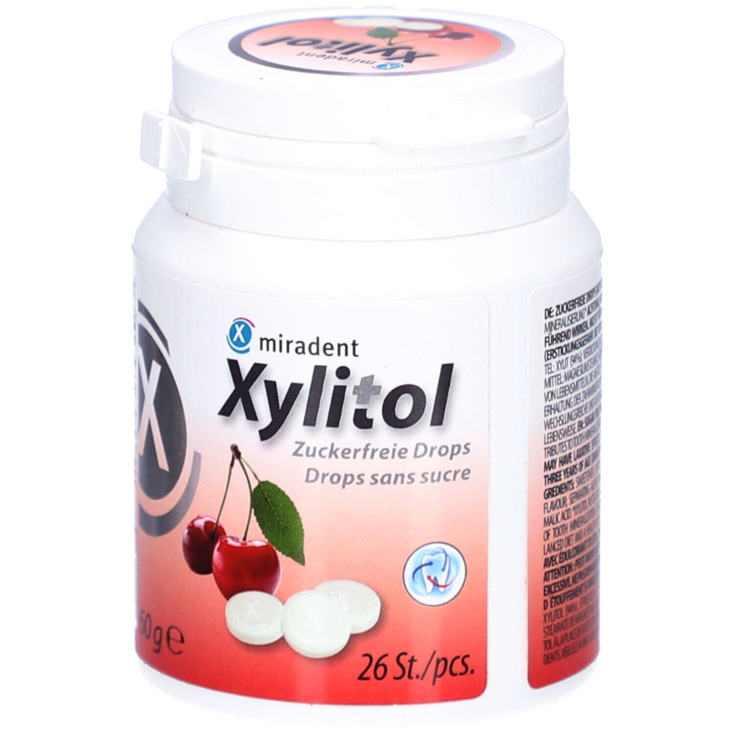 Weißes Döschen mit Xylitol Drops. Kirschen und Tabletten abgebildet. Aufschrift: Zuckerfrei, 60g, 26 Stk.