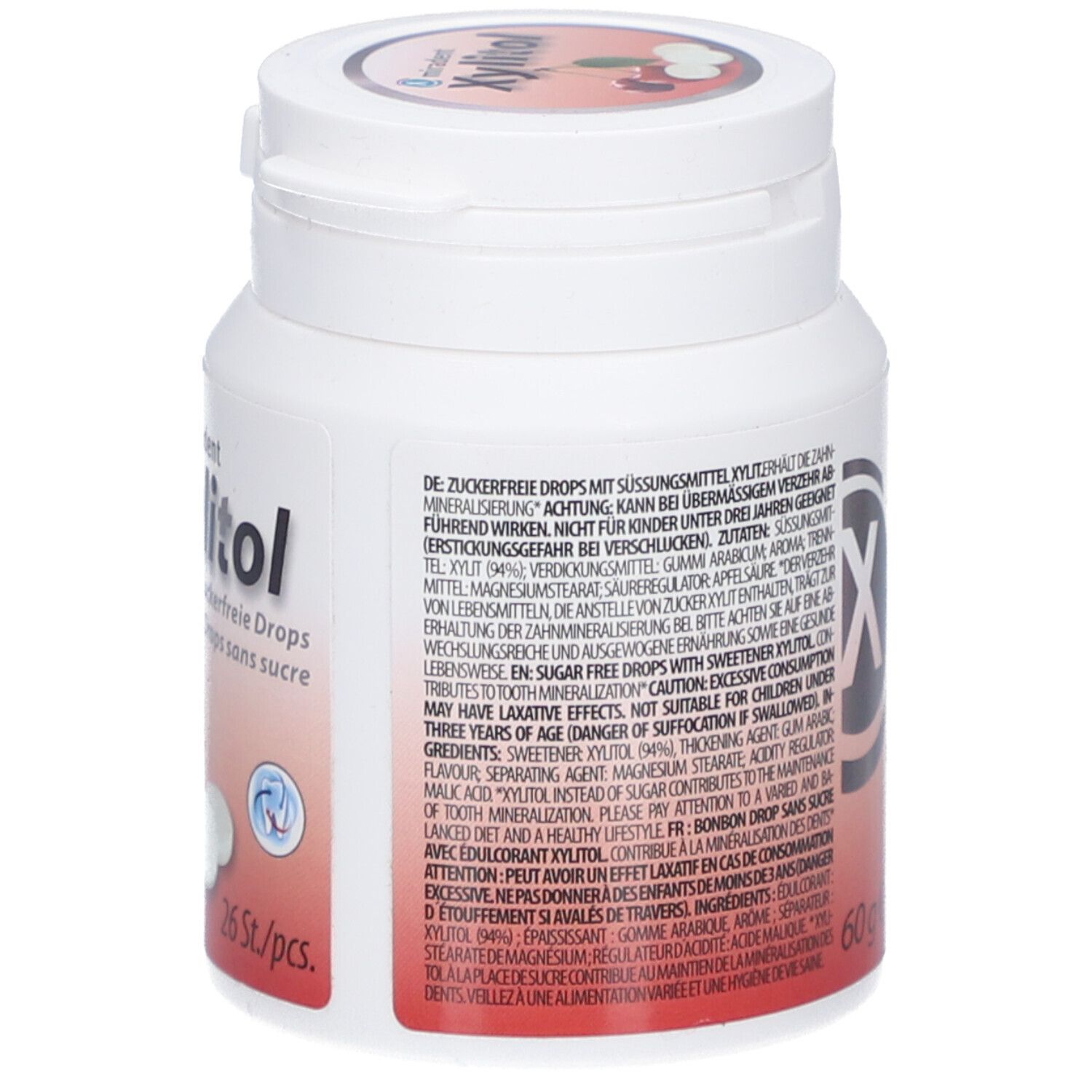 Weißes Döschen mit Xylitol Drops. Kirschen und Tabletten abgebildet. Aufschrift: Zuckerfrei, 60g, 26 Stk. Text.