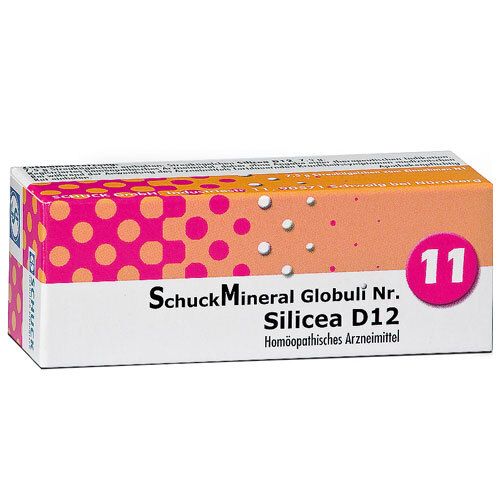 Schachtel mit SchuckMineral Globuli Nr. 11 Silicea D12. Pink-orangefarbenes Design. Homöopathisches Arzneimittel.