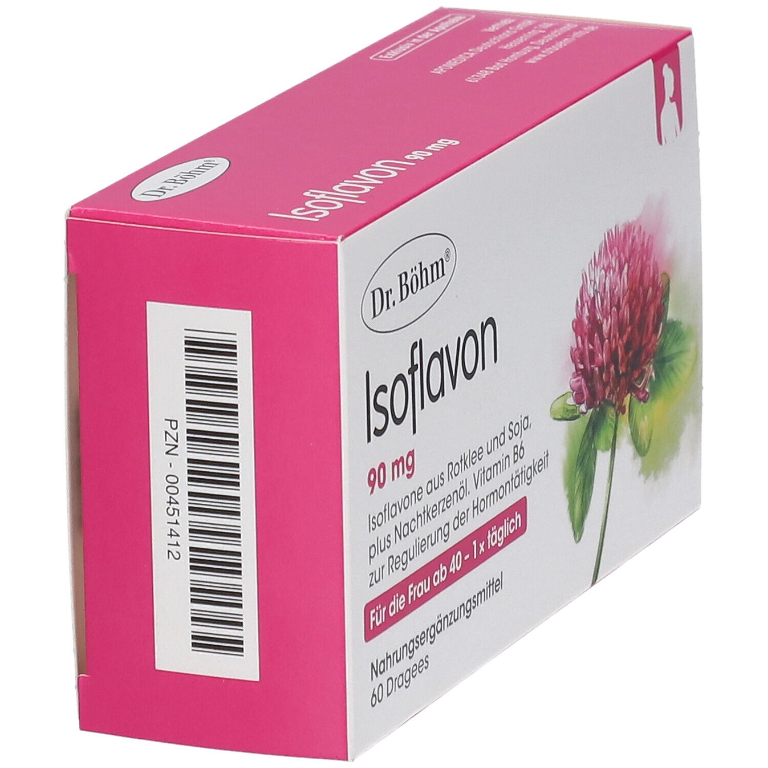 Dr. Böhm Isoflavon 90 mg Packung, rosa-weiß. Klee-Blüte. Enthält 60 Dragees. Für Frauen ab 40. Schräge Ansicht.