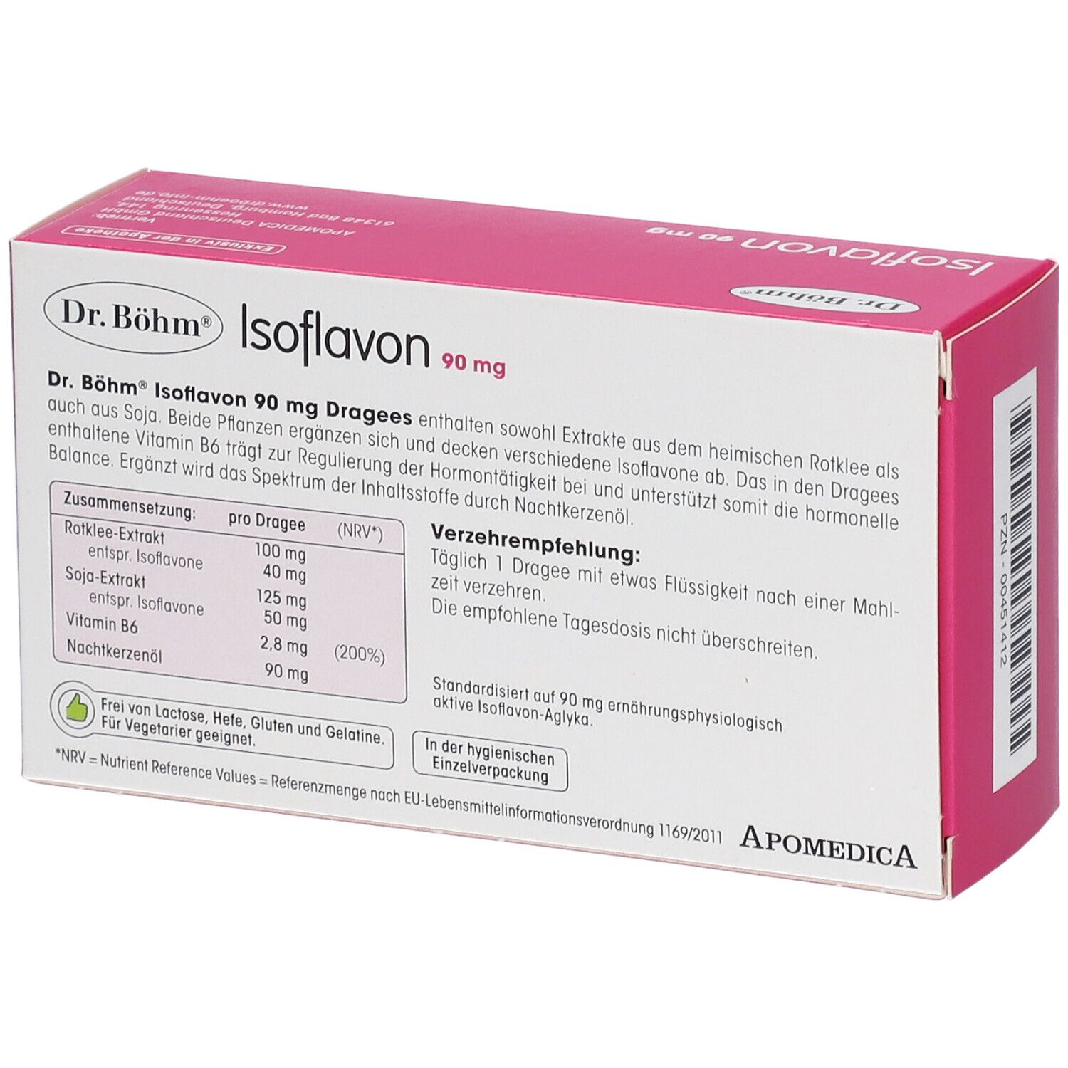 Dr. Böhm Isoflavon 90 mg Packung, rosa-weiß. Rückseite mit Inhaltsangaben und Dosierungsempfehlung.