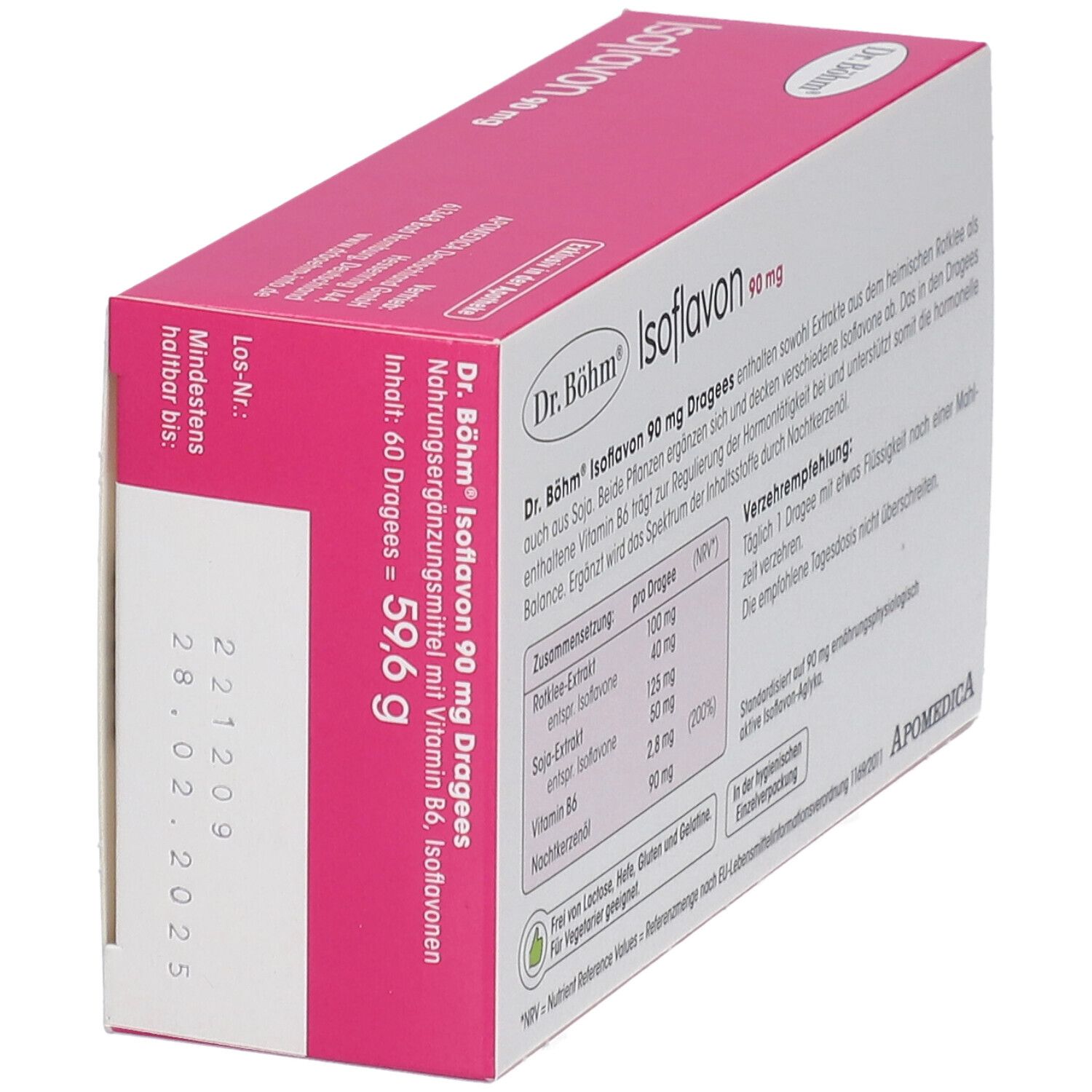 Dr. Böhm Isoflavon 90 mg Packung, rosa-weiß. Rückseite mit Inhaltsangaben, Mindesthaltbarkeit und Gewicht.