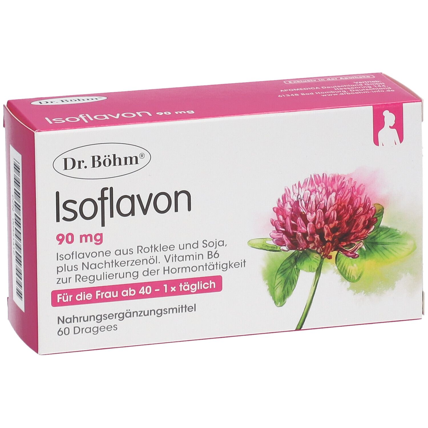 Dr. Böhm Isoflavon 90 mg Packung, rosa-weiß. Klee-Blüte. Enthält 60 Dragees. Für Frauen ab 40. Schräge Ansicht.